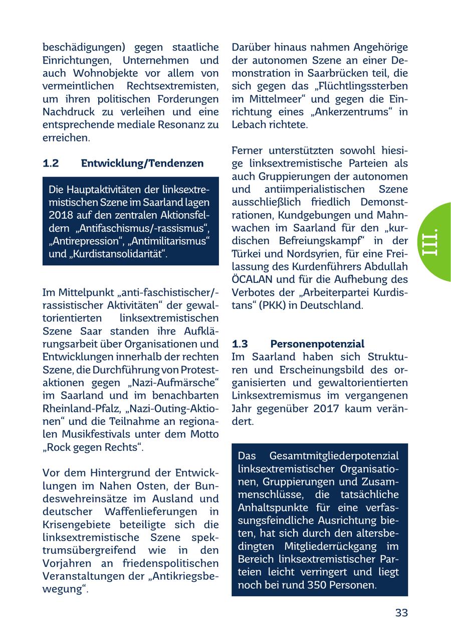 beschädigungen) gegen staatliche Darüber hinaus nahmen Angehörige Einrichtungen, Unternehmen und der autonomen Szene an einer Deauch Wohnobjekte vor allem von monstration in Saarbrücken teil, die vermeintlichen Rechtsextremisten, sich gegen das "Flüchtlingssterben um ihren politischen Forderungen im Mittelmeer" und gegen die EinNachdruck zu verleihen und eine richtung eines "Ankerzentrums" in entsprechende mediale Resonanz zu Lebach richtete. erreichen. Ferner unterstützten sowohl hiesi1.2 Entwicklung/Tendenzen ge linksextremistische Parteien als auch Gruppierungen der autonomen Die Hauptaktivitäten der linksextreund antiimperialistischen Szene mistischen Szene im Saarland lagen ausschließlich friedlich Demonst2018 auf den zentralen Aktionsfelrationen, Kundgebungen und Mahndern "Antifaschismus/-rassismus", wachen im Saarland für den "kur"Antirepression", "Antimilitarismus" und "Kurdistansolidarität". dischen Befreiungskampf" in der Türkei und Nordsyrien, für eine FreiIII. lassung des Kurdenführers Abdullah ÖCALAN und für die Aufhebung des Im Mittelpunkt "anti-faschistischer/Verbotes der "Arbeiterpartei Kurdisrassistischer Aktivitäten" der gewaltans" (PKK) in Deutschland. torientierten linksextremistischen Szene Saar standen ihre Aufklärungsarbeit über Organisationen und 1.3 Personenpotenzial Entwicklungen innerhalb der rechten Im Saarland haben sich StruktuSzene, die Durchführung von Protestren und Erscheinungsbild des oraktionen gegen "Nazi-Aufmärsche" ganisierten und gewaltorientierten im Saarland und im benachbarten Linksextremismus im vergangenen Rheinland-Pfalz, "Nazi-Outing-AktioJahr gegenüber 2017 kaum verännen" und die Teilnahme an regionadert. len Musikfestivals unter dem Motto "Rock gegen Rechts". Das Gesamtmitgliederpotenzial Vor dem Hintergrund der Entwicklinksextremistischer Organisatiolungen im Nahen Osten, der Bunnen, Gruppierungen und Zusamdeswehreinsätze im Ausland und menschlüsse, die tatsächliche deutscher Waffenlieferungen in Anhaltspunkte für eine verfasKrisengebiete beteiligte sich die sungsfeindliche Ausrichtung bielinksextremistische Szene spekten, hat sich durch den altersbetrumsübergreifend wie in den dingten Mitgliederrückgang im Vorjahren an friedenspolitischen Bereich linksextremistischer ParVeranstaltungen der "Antikriegsbeteien leicht verringert und liegt wegung". noch bei rund 350 Personen. 33