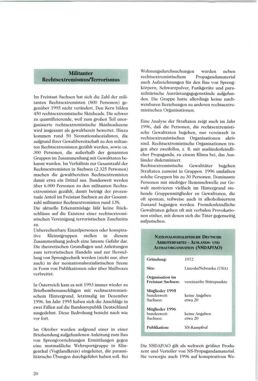 WEEEBE/SEEL "_______ Wohnungsdurchsuchungen wurden neben rechtsextremistischem Propagandamaterial Rechtsextremismus/Terrorismus auch Aufzeichnungen für den Bau von Sprengkörpern, Schwarzpulver, Funkgeräte und paramilitärische Ausrüstungsgegenstände aufgefunIm Freistaat Sachsen hat sich die Zahl der miliden. Die Gruppe hatte allerdings keine nachtanten Rechtsextremisten (800 Personen) geweisbaren Beziehungen zu anderen rechtsextregenüber 1995 nicht verändert. Den Kern bilden mistischen Organisationen. 450 rechtsextremistische Skinheads. Die schwer zu quantifizierende, weil zum großen Teil unorEine Analyse der Straftaten zeigt auch im Jahr ganisierte rechtsextremistische Skinheadszene 1996, daß die Personen, die rechtsextremistiwird insgesamt als gewaltbereit bewertet. Hinzu sche Gewalttaten begehen, nur vereinzelt in kommen rund 50 Neonationalsozialisten, die rechtsextremistischen Organisationen aktiv aufgrund ihrer Gewaltbereitschaft zu den mutansind. Rechtsextremistische Organisationen traten Rechtsextremisten gezählt werden, sowie ca. gen aber zweifellos, z. B. mit ausländerfeindli300 Personen, die außerhalb der genannten cher Propaganda, zu einem Klima bei, das AusGruppen im Zusammenhang mit Gewalttaten beländer diskriminiert. kannt wurden. Im Verhältnis zur Gesamtzahl der Rechtsextremistische Gewalttäter begehen Rechtsextremisten in Sachsen (2.325 Personen) Straftaten zumeist in Gruppen. 1996 umfaßten machen die gewaltbereiten Rechtsextremisten solche Gruppen bis zu 30 Personen. Dominante damit etwa ein Drittel aus. Bundesweit werden Personen mit niedriger Hemmschwelle zur Geüber 6.000 Personen zu den militanten Rechtswalt motivieren vielfach im Hintergrund steextremisten gezählt, damit beträgt der prozenhende Gruppenmitglieder zu Gewalttaten, die tuale Anteil im Freistaat Sachsen an der Gesamtoft spontan, teilweise auch in alkoholisiertem zahl militanter Rechtsextremisten rund 13%. Zustand begangen werden. Fremdenfeindliche Die aktuelle Erkenntnislage läßt keine RückGewalttaten gehen oft mit verbalen Provokatioschlüsse auf die Existenz einer rechtsextreminen einher, mit denen sich die Täter gegenseitig stischen Vereinigung terroristischen Zuschnitts aufputschen. zu. Unberechenbare Einzelpersonen oder konspirative Kleinstgruppen stellen in diesem NATIONALSOZIALISTISCHE DEUTSCHE Zusammenhang jedoch eine latente Gefahr dar. ARBEITERPARTEI - AUSLANDSUND Die theoretischen Grundlagen und Anleitungen AUFBAUORGANISATION (NSDAP/AO) zum terroristischen Handeln und zur Herstellung von Sprengtechnik werden (nicht nur, aber Gründung: 1972 auch) in der neonationalsozialistischen Szene in Form von Publikationen oder über Mailboxes Sitz: Lincoln/Nebraska (USA) verbreitet. Organisation im In Österreich kam es seit 1993 immer wieder zu Freistaat Sachsen: vereinzelte Stützpunkte Briefbombenanschlägen mit rechtsextremistiMitglieder 1995 schem Hintergrund, letztmalig im Dezember bundesweit: keine Angaben 1996. Im Jahr 1995 haben sich die Anschläge in Sachsen: etwa 20 zwei Fällen auf die Bundesrepublik Deutschland Mitglieder 1996 ausgedehnt. Diese Bedrohung besteht nach wie bundesweit: keine Angaben vor fort. Sachsen: etwa 20 Im Oktober wurden aufgrund einer in einer Publikation: NS-Kampfruf Briefsendung aufgefundenen Anleitung zum Bau von Sprengvorrichtungen Ermittlungen gegen eine mutmaßliche Wehrsportgruppe in KlinDie NSDAP/AO gilt als weltweit größter Produgenthal (Vogtlandkreis) eingeleitet, die paramizent und Verteiler von NS-Propagandamaterial. litärische Übungen durchgeführt haben soll. Bei Sie versorgte auch 1996 auf konspirativen We20