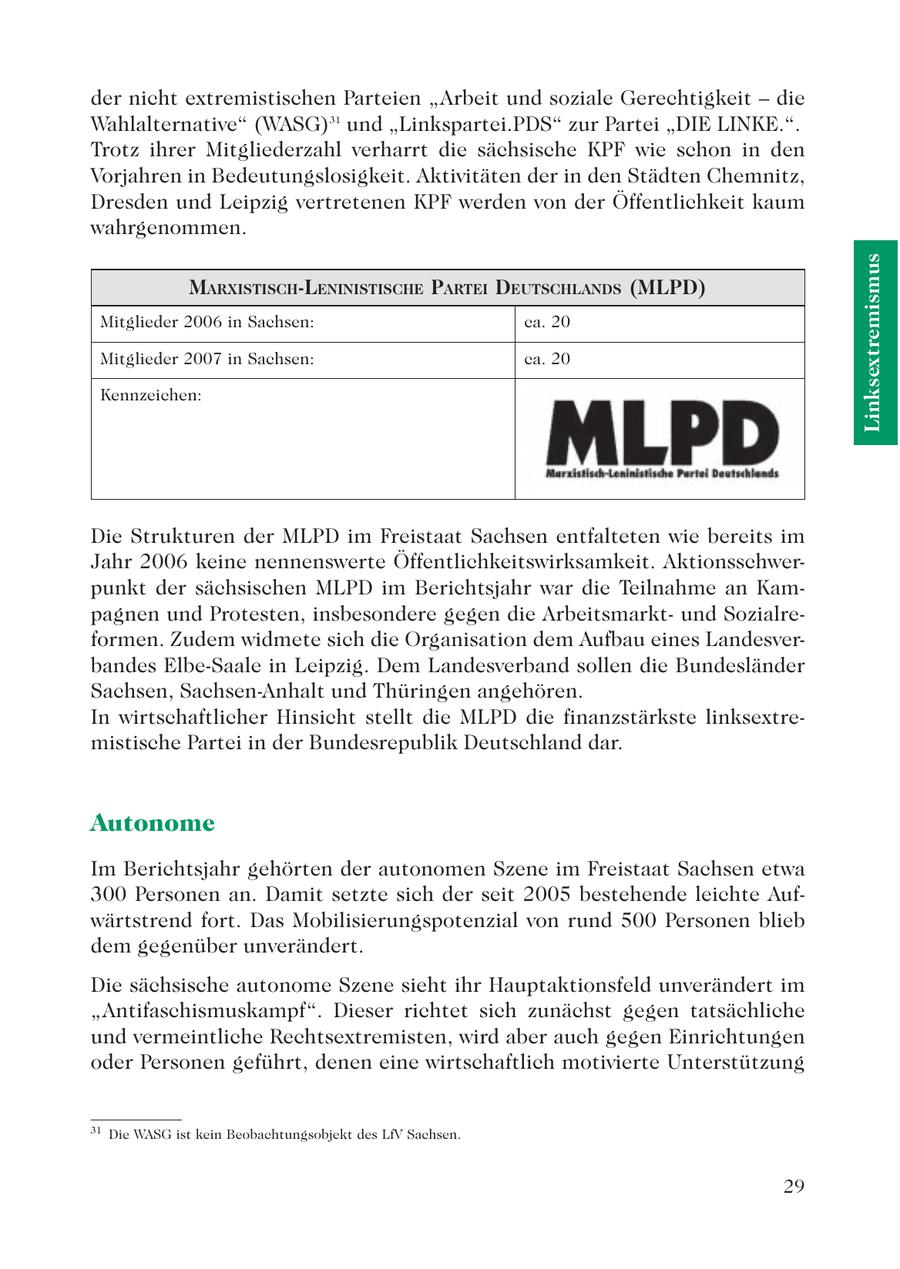 der nicht extremistischen Parteien "Arbeit und soziale Gerechtigkeit - die Wahlalternative" (WASG)31 und "Linkspartei.PDS" zur Partei "DIE LINKE.". Trotz ihrer Mitgliederzahl verharrt die sächsische KPF wie schon in den Vorjahren in Bedeutungslosigkeit. Aktivitäten der in den Städten Chemnitz, Dresden und Leipzig vertretenen KPF werden von der Öffentlichkeit kaum wahrgenommen. Linksextremismus MARXISTISCH-LENINISTISCHE PARTEI DEUTSCHLANDS (MLPD) Mitglieder 2006 in Sachsen: ca. 20 Mitglieder 2007 in Sachsen: ca. 20 Kennzeichen: Die Strukturen der MLPD im Freistaat Sachsen entfalteten wie bereits im Jahr 2006 keine nennenswerte Öffentlichkeitswirksamkeit. Aktionsschwerpunkt der sächsischen MLPD im Berichtsjahr war die Teilnahme an Kampagnen und Protesten, insbesondere gegen die Arbeitsmarktund Sozialreformen. Zudem widmete sich die Organisation dem Aufbau eines Landesverbandes Elbe-Saale in Leipzig. Dem Landesverband sollen die Bundesländer Sachsen, Sachsen-Anhalt und Thüringen angehören. In wirtschaftlicher Hinsicht stellt die MLPD die finanzstärkste linksextremistische Partei in der Bundesrepublik Deutschland dar. Autonome Im Berichtsjahr gehörten der autonomen Szene im Freistaat Sachsen etwa 300 Personen an. Damit setzte sich der seit 2005 bestehende leichte Aufwärtstrend fort. Das Mobilisierungspotenzial von rund 500 Personen blieb dem gegenüber unverändert. Die sächsische autonome Szene sieht ihr Hauptaktionsfeld unverändert im "Antifaschismuskampf". Dieser richtet sich zunächst gegen tatsächliche und vermeintliche Rechtsextremisten, wird aber auch gegen Einrichtungen oder Personen geführt, denen eine wirtschaftlich motivierte Unterstützung 31 Die WASG ist kein Beobachtungsobjekt des LfV Sachsen. 29