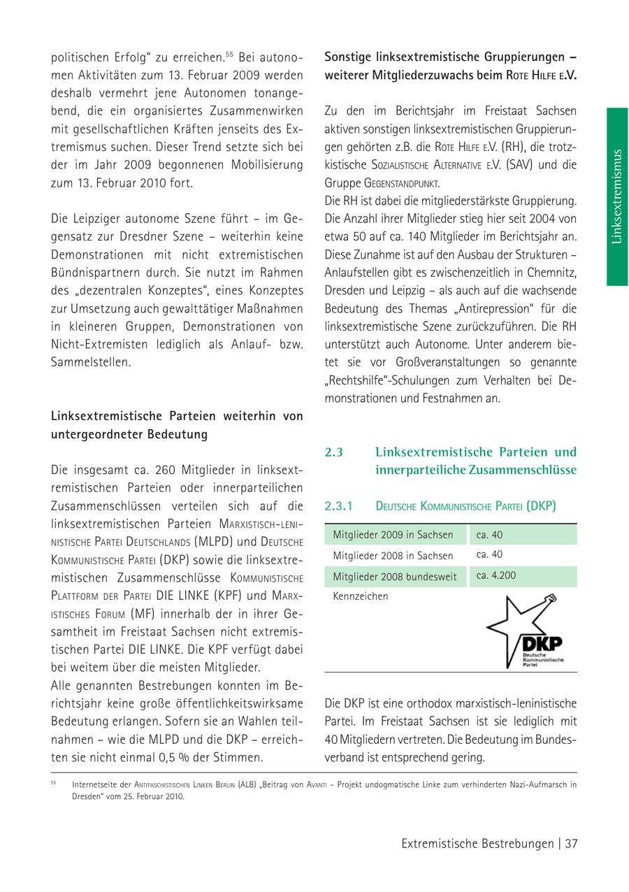 politischen Erfolg" zu erreichen. 55 Bei autonoSonstige linksextremistische Gruppierungen - men Aktivitäten zum 13. Februar 2009 werden weiterer Mitgliederzuwachs beim rote hilfe e.V. deshalb vermehrt jene Autonomen tonangebend, die ein organisiertes Zusammenwirken Zu den im Berichtsjahr im Freistaat Sachsen mit gesellschaftlichen Kräften jenseits des Exaktiven sonstigen linksextremistischen Gruppieruntremismus suchen. Dieser Trend setzte sich bei gen gehörten z.B. die rote hilFe e.V. (RH), die trotzLinksextremismus der im Jahr 2009 begonnenen Mobilisierung kistische sozialistische alterNatiVe e.V. (SAV) und die zum 13. Februar 2010 fort. Gruppe gegeNstaNdPuNkt. Die RH ist dabei die mitgliederstärkste Gruppierung. Die Leipziger autonome Szene führt - im GeDie Anzahl ihrer Mitglieder stieg hier seit 2004 von gensatz zur Dresdner Szene - weiterhin keine etwa 50 auf ca. 140 Mitglieder im Berichtsjahr an. Demonstrationen mit nicht extremistischen Diese Zunahme ist auf den Ausbau der Strukturen - Bündnispartnern durch. Sie nutzt im Rahmen Anlaufstellen gibt es zwischenzeitlich in Chemnitz, des "dezentralen Konzeptes", eines Konzeptes Dresden und Leipzig - als auch auf die wachsende zur Umsetzung auch gewalttätiger Maßnahmen Bedeutung des Themas "Antirepression" für die in kleineren Gruppen, Demonstrationen von linksextremistische Szene zurückzuführen. Die RH Nicht-Extremisten lediglich als Anlaufbzw. unterstützt auch Autonome. Unter anderem bieSammelstellen. tet sie vor Großveranstaltungen so genannte "Rechtshilfe"-Schulungen zum Verhalten bei Demonstrationen und Festnahmen an. Linksextremistische Parteien weiterhin von untergeordneter Bedeutung 2.3 Linksextremistische Parteien und Die insgesamt ca. 260 Mitglieder in linksextinnerparteiliche Zusammenschlüsse remistischen Parteien oder innerparteilichen Zusammenschlüssen verteilen sich auf die 2.3.1 deutSche kommuniStiSche Partei (DKP) linksextremistischen Parteien marxistisch-leNiMitglieder 2009 in Sachsen ca. 40 Nistische Partei d eutschlaNds (MLPD) und d eutsche Mitglieder 2008 in Sachsen ca. 40 kommuNistische Partei (DKP) sowie die linksextremistischen Zusammenschlüsse kommuNistische Mitglieder 2008 bundesweit ca. 4.200 PlattForm der Partei die liNke (KPF) und marxKennzeichen istisches F orum (MF) innerhalb der in ihrer Gesamtheit im Freistaat Sachsen nicht extremistischen Partei DIE LINKE. Die KPF verfügt dabei bei weitem über die meisten Mitglieder. Alle genannten Bestrebungen konnten im Berichtsjahr keine große öffentlichkeitswirksame Die DKP ist eine orthodox marxistisch-leninistische Bedeutung erlangen. Sofern sie an Wahlen teilPartei. Im Freistaat Sachsen ist sie lediglich mit nahmen - wie die MLPD und die DKP - erreich40 Mitgliedern vertreten. Die Bedeutung im Bundesten sie nicht einmal 0,5 % der Stimmen. verband ist entsprechend gering. 55 Internetseite der aNtiFaschistischeN liNkeN BerliN (ALB) "Beitrag von aVaNti - Projekt undogmatische Linke zum verhinderten Nazi-Aufmarsch in Dresden" vom 25. Februar 2010. Extremistische Bestrebungen | 37