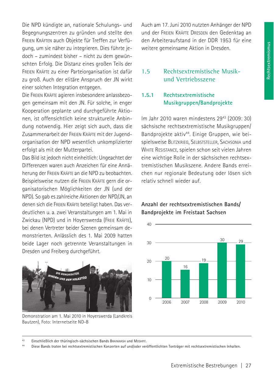 Die NPD kündigte an, nationale Schulungsund Auch am 17. Juni 2010 nutzten Anhänger der NPD Begegnungszentren zu gründen und stellte den und der FREIEN KRÄFTE DRESDEN den Gedenktag an FREIEN KRÄFTEN auch Objekte für Treffen zur Verfüden Arbeiteraufstand in der DDR 1953 für eine Rechtsextremismus gung, um sie näher zu integrieren. Dies führte jeweitere gemeinsame Aktion in Dresden. doch - zumindest bisher - nicht zu dem gewünschten Erfolg. Die Distanz eines großen Teils der FREIEN KRÄFTE zu einer Parteiorganisation ist dafür 1.5 Rechtsextremistische Musikzu groß. Auch der elitäre Anspruch der JN wirkt und Vertriebsszene einer solchen Integration entgegen. Die FREIEN KRÄFTE agieren insbesondere anlassbezo1.5.1 Rechtsextremistische gen gemeinsam mit den JN. Für solche, in enger Musikgruppen/Bandprojekte Kooperation geplante und durchgeführte Aktionen, ist offensichtlich keine strukturelle AnbinIm Jahr 2010 waren mindestens 2943 (2009: 30) dung notwendig. Hier zeigt sich auch, dass die sächsische rechtsextremistische Musikgruppen/ Zusammenarbeit der FREIEN KRÄFTE mit der JugendBandprojekte aktiv44. Einige Gruppen, wie beiorganisation der NPD wesentlich unkomplizierter spielsweise BLITZKRIEG, SELBSTSTELLER, SACHSONIA und erfolgt als mit der Mutterpartei. WHITE RESISTANCE, spielen schon seit vielen Jahren Das Bild ist jedoch nicht einheitlich: Ungeachtet der eine wichtige Rolle in der sächsischen rechtsexDifferenzen waren auch Anzeichen für eine Annätremistischen Musikszene. Andere Bands erreiherung der FREIEN KRÄFTE an die NPD zu beobachten. chen nur regionale Bedeutung oder lösen sich Beispielsweise nutzen die FREIEN KRÄFTE gern die orrelativ schnell wieder auf. ganisatorischen Möglichkeiten der JN (und der NPD). So gab es zahlreiche Aktionen der NPD/JN, an denen sich die FREIEN KRÄFTE beteiligt haben. Das verAnzahl der rechtsextremistischen Bands/ deutlichen u. a. zwei Veranstaltungen am 1. Mai in Bandprojekte im Freistaat Sachsen Zwickau (NPD) und in Hoyerswerda (FREIE KRÄFTE), 40 bei denen Vertreter beider Szenen gemeinsam demonstrierten. Anlässlich des 1. Mai 2009 hatten 30 29 beide Lager noch getrennte Veranstaltungen in 30 Dresden und Freiberg durchgeführt. 20 19 20 16 10 0 2006 2007 2008 2009 2010 Demonstration am 1. Mai 2010 in Hoyerswerda (Landkreis Bautzen), Foto: Internetseite ND-B 43 Einschließlich der thüringisch-sächsischen Bands B RAINWASH und MOSHPIT. 44 Diese Bands traten bei rechtsextremistischen Konzerten auf und/oder veröffentlichten Tonträger mit rechtsextremistischen Inhalten. Extremistische Bestrebungen | 27