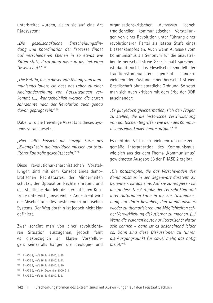 unterbreitet wurden, zielen sie auf eine Art organisationskritischen autoNomeN jedoch Rätesystem: traditionellen kommunistischen Vorstellungen von einer Revolution unter Führung einer "Die gesellschaftliche Entscheidungsfinrevolutionären Partei als letzter Stufe eines dung und Koordination der Prozesse findet Klassenkampfes an. Auch wenn autoNome vom auf verschiedenen Ebenen in so etwas wie Kommunismus als Synonym für die anzustreRäten statt, dazu dann mehr in der befreiten bende herrschaftsfreie Gesellschaft sprechen, Gesellschaft." 158 ist damit nicht das Gesellschaftsmodell der Traditionskommunisten gemeint, sondern "Die Gefahr, die in dieser Vorstellung vom Komvielmehr der Zustand einer herrschaftsfreien munismus lauert, ist, dass das Leben zu einer Gesellschaft ohne staatliche Ordnung. So setzt Aneinanderreihung von Ratssitzungen verman sich auch kritisch mit dem Erbe der DDR kommt (...) Wahrscheinlich werden die ersten auseinander: Jahrzehnte nach der Revolution auch genau davon geprägt sein." 159 "Es gilt jedoch gleichermaßen, sich den Fragen zu stellen, die die historische Verwirklichung Dabei wird die freiwillige Akzeptanz dieses Sysvon politischen Begriffen wie dem des Kommutems vorausgesetzt: nismus einer Linken heute aufgibt." 161 "Hier sollte Einsicht die einzige Form des Es geht den Verfassern vielmehr um eine zeit"Zwangs" sein, die Individuen müssen vor totagemäße Interpretation des Kommunismus, litärer Kontrolle geschützt sein." 160 wie sich aus der dem Thema "Kommunismus" gewidmeten Ausgabe 36 der PHASE 2 ergibt: Diese revolutionär-anarchistischen Vorstellungen sind mit dem Konzept eines demo"Die Katastrophe, die das Verschwinden des kratischen Rechtstaates, der Minderheiten Kommunismus in der Gegenwart darstellt, zu schützt, der Opposition Rechte einräumt und benennen, ist das eine. Auf sie zu reagieren ist das staatliche Handeln der gerichtlichen Kondas andere. Die Aufgabe der Zeitschriften und trolle unterwirft, unvereinbar. Angestrebt wird ihrer Autorinnen kann in diesem Zusammendie Abschaffung des bestehenden politischen hang nur darin bestehen, den Kommunismus Systems. Der Weg dorthin ist jedoch nicht klar wieder zu thematisieren und Möglichkeiten seidefiniert. ner Verwirklichung diskutierbar zu machen. (...) Wenn die Visionen heute nur literarischer Natur Zwar scheint man von einer revolutionäsein können - dann ist es anscheinend leider ren Situation auszugehen, jedoch fehlt so. Dann sind diese Diskussionen zu führen es diesbezüglich an klaren Vorstellunals Ausgangspunkt für soviel mehr, das nötig gen. Keinesfalls hängen die ideologieund bleibt." 162 158 PHASE 2, Heft 36, Juni 2010, S. 39. 159 PHASE 2, Heft 36, Juni 2010, S. 41. 158 PHASE 2, Heft 36, Juni 2010, S. 39. 160 PHASE 2, Heft 36, Juni 2010, S. 40. 159 PHASE 2, Heft 36, Juni 2010, S. 41. 161 PHASE 2, Heft 34, Dezember 2009, S. 6. 161 PHASE 2, Heft 34, Dezember 2009, S. 6. 160 PHASE 2, Heft 36, Juni 2010, S. 5. 162 40. 162 PHASE 2, Heft 36, Juni 2010, S. 5. 142 | II Erscheinungsformen des Extremismus mit Auswirkungen auf den Freistaat Sachsen