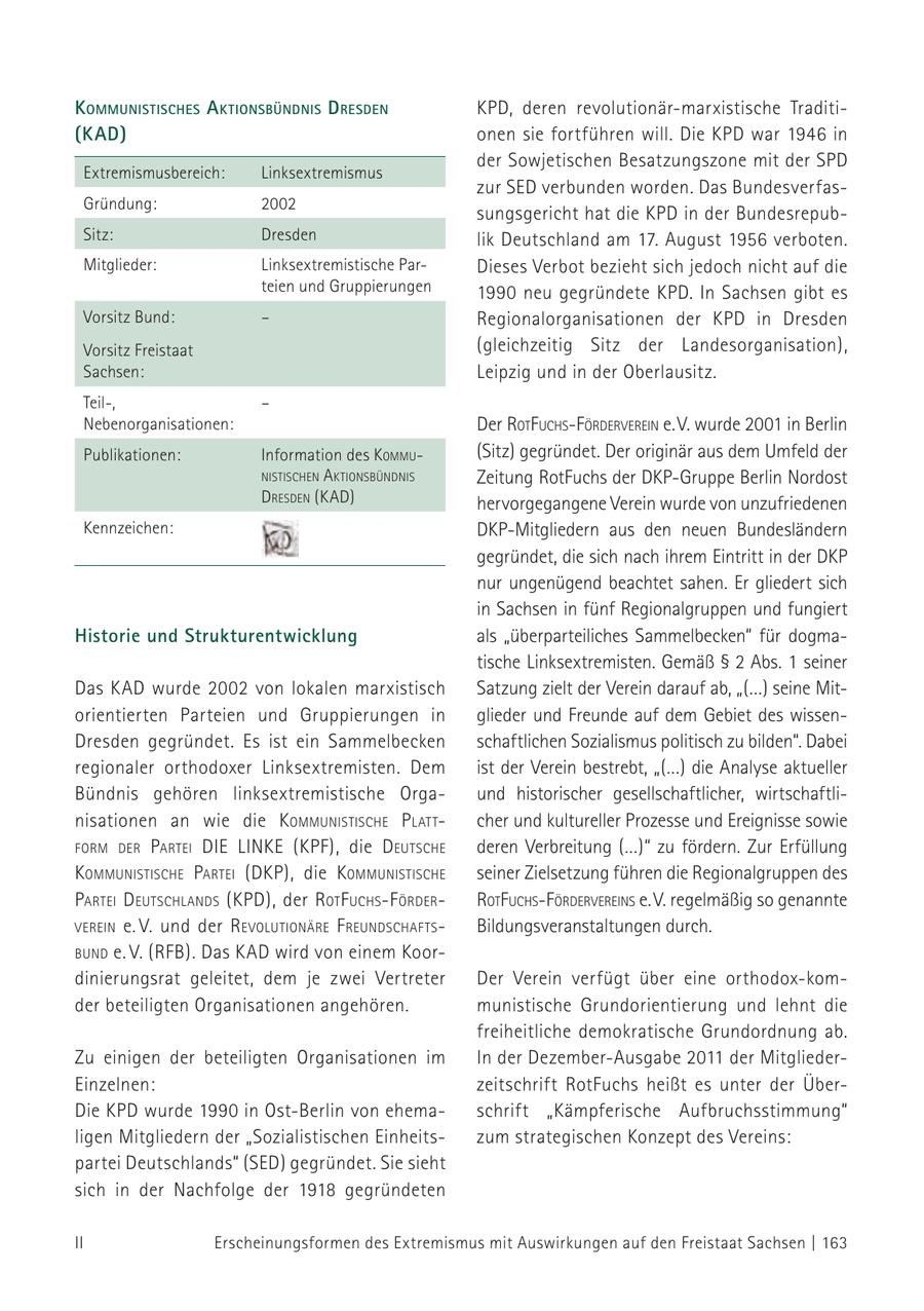 kommuNistisches a ktioNsbÜNdNis d resdeN KPD, deren revolutionär-marxistische Traditi(kad) onen sie fortführen will. Die KPD war 1946 in der Sowjetischen Besatzungszone mit der SPD Extremismusbereich: Linksextremismus zur SED verbunden worden. Das BundesverfasGründung: 2002 sungsgericht hat die KPD in der BundesrepubSitz: Dresden lik Deutschland am 17. August 1956 verboten. Mitglieder: Linksextremistische ParDieses Verbot bezieht sich jedoch nicht auf die teien und Gruppierungen 1990 neu gegründete KPD. In Sachsen gibt es Vorsitz Bund: - Regionalorganisationen der KPD in Dresden Vorsitz Freistaat (gleichzeitig Sitz der Landesorganisation), Sachsen: Leipzig und in der Oberlausitz. Teil-, - Nebenorganisationen: Der rotfuchs-fördervereiN e. V. wurde 2001 in Berlin Publikationen: Information des kommu(Sitz) gegründet. Der originär aus dem Umfeld der NistischeN a ktioNsbüNdNis Zeitung RotFuchs der DKP-Gruppe Berlin Nordost dresdeN (KAD) hervorgegangene Verein wurde von unzufriedenen Kennzeichen: DKP-Mitgliedern aus den neuen Bundesländern gegründet, die sich nach ihrem Eintritt in der DKP nur ungenügend beachtet sahen. Er gliedert sich in Sachsen in fünf Regionalgruppen und fungiert Historie und Strukturentwicklung als "überparteiliches Sammelbecken" für dogmatische Linksextremisten. Gemäß SS 2 Abs. 1 seiner Das kad wurde 2002 von lokalen marxistisch Satzung zielt der Verein darauf ab, "(...) seine Mitorientierten Parteien und Gruppierungen in glieder und Freunde auf dem Gebiet des wissenDresden gegründet. Es ist ein Sammelbecken schaftlichen Sozialismus politisch zu bilden". Dabei regionaler orthodoxer Linksextremisten. Dem ist der Verein bestrebt, "(...) die Analyse aktueller Bündnis gehören linksextremistische Orgaund historischer gesellschaftlicher, wirtschaftlinisationen an wie die kommuNistische P lattcher und kultureller Prozesse und Ereignisse sowie form der Partei die liNke (kPf), die d eutsche deren Verbreitung (...)" zu fördern. Zur Erfüllung kommuNistische Partei (DKP), die kommuNistische seiner Zielsetzung führen die Regionalgruppen des Partei d eutschlaNds (kPd), der rot f uchs-f örderrotfuchs-fördervereiNs e. V. regelmäßig so genannte vereiN e. V. und der revolutioNäre f reuNdschafts - Bildungsveranstaltungen durch. buNd e. V. (rfb). Das kad wird von einem Koordinierungsrat geleitet, dem je zwei Vertreter Der Verein verfügt über eine orthodox-komder beteiligten Organisationen angehören. munistische Grundorientierung und lehnt die freiheitliche demokratische Grundordnung ab. Zu einigen der beteiligten Organisationen im In der Dezember-Ausgabe 2011 der MitgliederEinzelnen: zeitschrift RotFuchs heißt es unter der ÜberDie KPD wurde 1990 in Ost-Berlin von ehemaschrift "Kämpferische Aufbruchsstimmung" ligen Mitgliedern der "Sozialistischen Einheitszum strategischen Konzept des Vereins: partei Deutschlands" (SED) gegründet. Sie sieht sich in der Nachfolge der 1918 gegründeten II Erscheinungsformen des Extremismus mit Auswirkungen auf den Freistaat Sachsen | 163