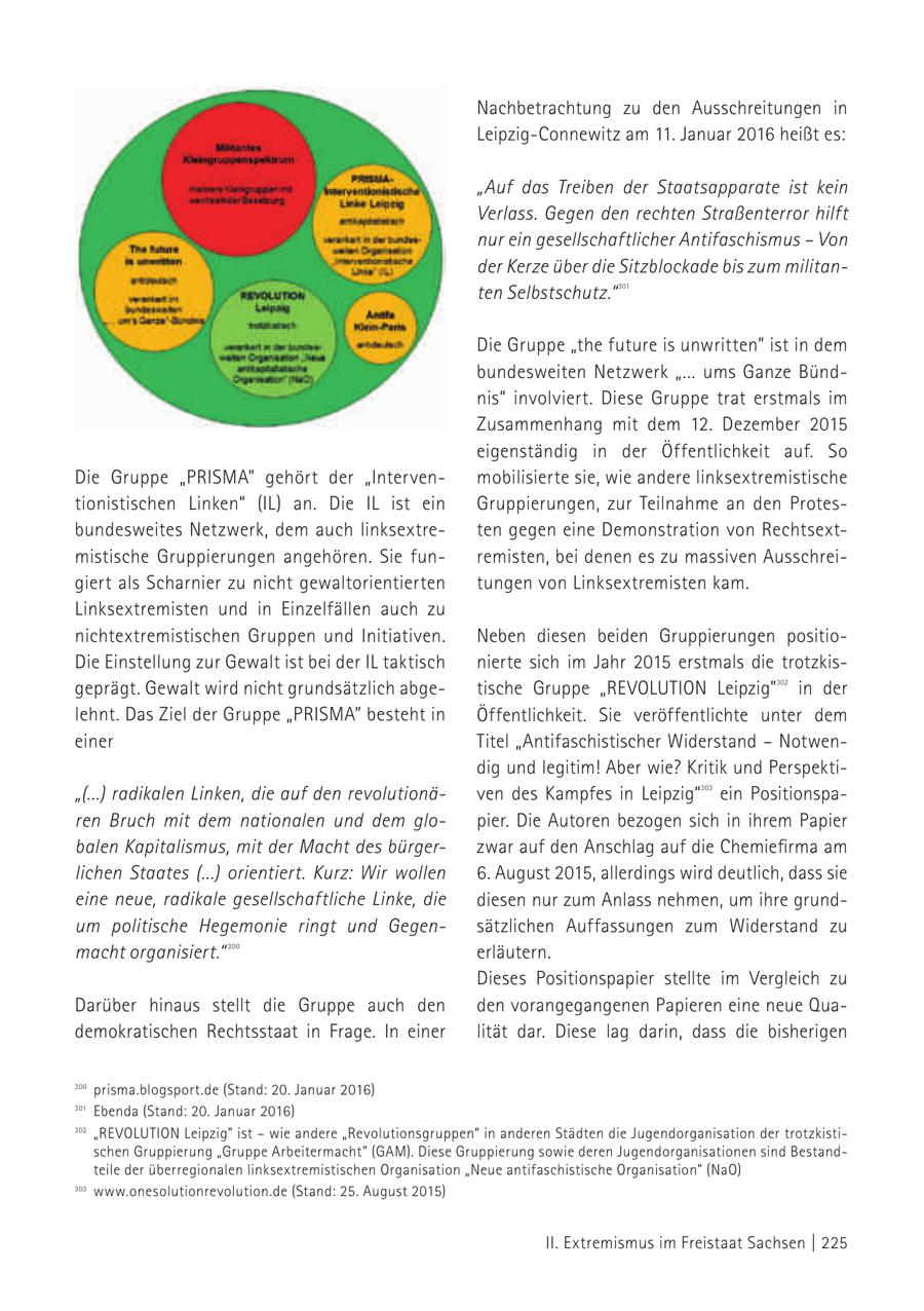 Nachbetrachtung zu den Ausschreitungen in Leipzig-Connewitz am 11. Januar 2016 heißt es: "Auf das Treiben der Staatsapparate ist kein Verlass. Gegen den rechten Straßenterror hilft nur ein gesellschaftlicher Antifaschismus - Von der Kerze über die Sitzblockade bis zum militanten Selbstschutz." 301 Die Gruppe "the future is unwritten" ist in dem bundesweiten Netzwerk "... ums Ganze Bündnis" involviert. Diese Gruppe trat erstmals im Zusammenhang mit dem 12. Dezember 2015 eigenständig in der Öffentlichkeit auf. So Die Gruppe "PRISMA" gehört der "Intervenmobilisierte sie, wie andere linksextremistische tionistischen Linken" (IL) an. Die IL ist ein Gruppierungen, zur Teilnahme an den Protesbundesweites Netzwerk, dem auch linksextreten gegen eine Demonstration von Rechtsextmistische Gruppierungen angehören. Sie funremisten, bei denen es zu massiven Ausschreigiert als Scharnier zu nicht gewaltorientierten tungen von Linksextremisten kam. Linksextremisten und in Einzelfällen auch zu nichtextremistischen Gruppen und Initiativen. Neben diesen beiden Gruppierungen positioDie Einstellung zur Gewalt ist bei der IL taktisch nierte sich im Jahr 2015 erstmals die trotzkisgeprägt. Gewalt wird nicht grundsätzlich abgetische Gruppe "REVOLUTION Leipzig" in der 302 lehnt. Das Ziel der Gruppe "PRISMA" besteht in Öffentlichkeit. Sie veröffentlichte unter dem einer Titel "Antifaschistischer Widerstand - Notwendig und legitim! Aber wie? Kritik und Perspekti"(...) radikalen Linken, die auf den revolutionäven des Kampfes in Leipzig" ein Positionspa303 ren Bruch mit dem nationalen und dem glopier. Die Autoren bezogen sich in ihrem Papier balen Kapitalismus, mit der Macht des bürgerzwar auf den Anschlag auf die Chemiefirma am lichen Staates (...) orientiert. Kurz: Wir wollen 6. August 2015, allerdings wird deutlich, dass sie eine neue, radikale gesellschaftliche Linke, die diesen nur zum Anlass nehmen, um ihre grundum politische Hegemonie ringt und Gegensätzlichen Auffassungen zum Widerstand zu macht organisiert." 300 erläutern. Dieses Positionspapier stellte im Vergleich zu Darüber hinaus stellt die Gruppe auch den den vorangegangenen Papieren eine neue Quademokratischen Rechtsstaat in Frage. In einer lität dar. Diese lag darin, dass die bisherigen 300 prisma.blogsport.de (Stand: 20. Januar 2016) 301 Ebenda (Stand: 20. Januar 2016) 302 "REVOLUTION Leipzig" ist - wie andere "Revolutionsgruppen" in anderen Städten die Jugendorganisation der trotzkistischen Gruppierung "Gruppe Arbeitermacht" (GAM). Diese Gruppierung 301 sowie deren Jugendorganisationen sind Bestandteile der überregionalen linksextremistischen Organisation "Neue 302 antifaschistische Organisation" (NaO) Der Spiegel Nr. 25, 1970, S.74, Artikel "Natürlich kann geschossen werden.", Schreibwiese wie im Original 300www.onesolutionrevolution.de (Stand: 25. August 2015) 303 linksunten.indymedia.org (Stand: 8. Januar 2015), Schreibweise wie im Original 303 II. Extremismus im Freistaat Sachsen | 225