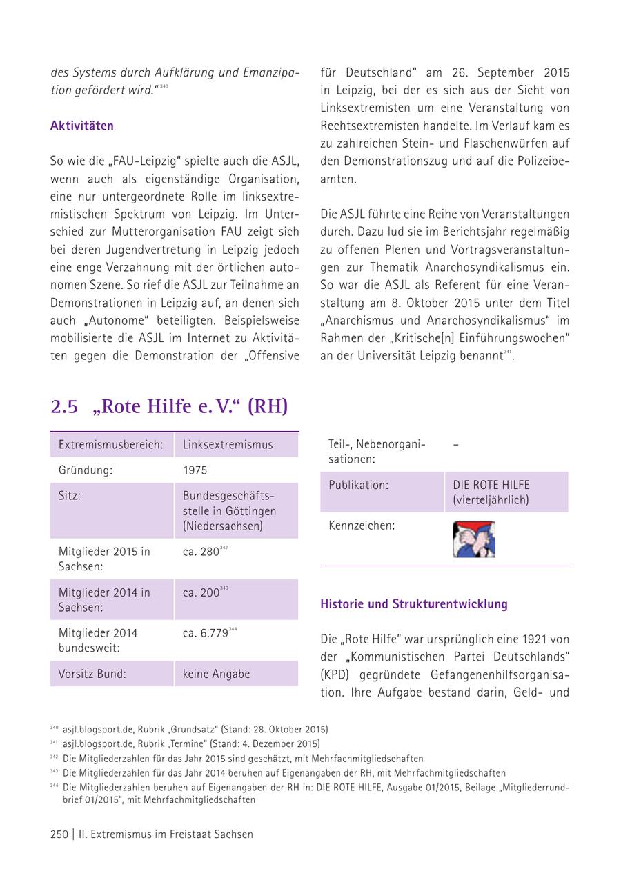 des Systems durch Aufklärung und Emanzipafür Deutschland" am 26. September 2015 tion gefördert wird." 340 in Leipzig, bei der es sich aus der Sicht von Linksextremisten um eine Veranstaltung von Aktivitäten Rechtsextremisten handelte. Im Verlauf kam es zu zahlreichen Steinund Flaschenwürfen auf So wie die "FAU-Leipzig" spielte auch die ASJL, den Demonstrationszug und auf die Polizeibewenn auch als eigenständige Organisation, amten. eine nur untergeordnete Rolle im linksextremistischen Spektrum von Leipzig. Im UnterDie ASJL führte eine Reihe von Veranstaltungen schied zur Mutterorganisation FAU zeigt sich durch. Dazu lud sie im Berichtsjahr regelmäßig bei deren Jugendvertretung in Leipzig jedoch zu offenen Plenen und Vortragsveranstaltuneine enge Verzahnung mit der örtlichen autogen zur Thematik Anarchosyndikalismus ein. nomen Szene. So rief die ASJL zur Teilnahme an So war die ASJL als Referent für eine VeranDemonstrationen in Leipzig auf, an denen sich staltung am 8. Oktober 2015 unter dem Titel auch "Autonome" beteiligten. Beispielsweise "Anarchismus und Anarchosyndikalismus" im mobilisierte die ASJL im Internet zu AktivitäRahmen der "Kritische[n] Einführungswochen" ten gegen die Demonstration der "Offensive an der Universität Leipzig benannt . 341 340 ebenda 341 asjl.blogsport.de, Rubrik "Termine" (Stand: 4. Dezember 2015) 2.5 "Rote Hilfe e. V." (RH) 342 343 344 342 Extremismusbereich: Linksextremismus Teil-, Nebenorgani- - 343 344 sationen: Gründung: 1975 Publikation: DIE ROTE HILFE Sitz: Bundesgeschäfts(vierteljährlich) stelle in Göttingen (Niedersachsen) Kennzeichen: Mitglieder 2015 in ca. 280 342 Sachsen: Mitglieder 2014 in ca. 200 343 Sachsen: Historie und Strukturentwicklung Mitglieder 2014 ca. 6.779 344 Die "Rote Hilfe" war ursprünglich eine 1921 von bundesweit: der "Kommunistischen Partei Deutschlands" Vorsitz Bund: keine Angabe (KPD) gegründete Gefangenenhilfsorganisation. Ihre Aufgabe bestand darin, Geldund 340 asjl.blogsport.de, Rubrik "Grundsatz" (Stand: 28. Oktober 2015) 341 asjl.blogsport.de, Rubrik "Termine" (Stand: 4. Dezember 2015) 342 Die Mitgliederzahlen für das Jahr 2015 sind geschätzt, mit Mehrfachmitgliedschaften 343 Die Mitgliederzahlen für das Jahr 2014 beruhen auf Eigenangaben der RH, mit Mehrfachmitgliedschaften 344 Die Mitgliederzahlen beruhen auf Eigenangaben der RH in: DIE ROTE HILFE, Ausgabe 01/2015, Beilage "Mitgliederrundbrief 01/2015", mit Mehrfachmitgliedschaften 250 | II. Extremismus im Freistaat Sachsen