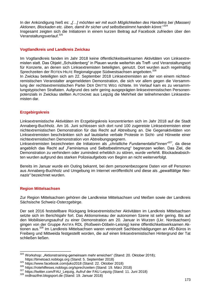 In der Ankündigung hieß es: "[...] möchten wir mit euch Möglichkeiten des Handelns bei (Massen) Aktionen, Blockaden etc. üben, damit ihr sicher und selbstbestimmt handeln könnt."324 Insgesamt zeigten sich die Initiatoren in einem kurzen Beitrag auf Facebook zufrieden über den Veranstaltungsverlauf.325 Vogtlandkreis und Landkreis Zwickau Im Vogtlandkreis fanden im Jahr 2018 keine öffentlichkeitswirksamen Aktivitäten von Linksextremisten statt. Das Objekt "Schuldenberg" in Plauen wurde weiterhin als Treffund Veranstaltungsort für Konzerte, an denen sich Linksextremisten beteiligten, genutzt. Dort wurden auch regelmäßig Sprechzeiten der ROTEN HILFE Regionalgruppe Südwestsachsen angeboten.326 In Zwickau beteiligten sich am 22. September 2018 Linksextremisten an der von einem nichtextremistischen Veranstalter angemeldeten Demonstration, die sich vor allem gegen die Versammlung der rechtsextremistischen Partei DER DRITTE W EG richtete. Im Verlauf kam es zu versammlungstypischen Straftaten. Aufgrund des sehr gering ausgeprägten linksextremistischen Personenpotenzials in Zwickau stellten AUTONOME aus Leipzig die Mehrheit der teilnehmenden Linksextremisten dar. Erzgebirgskreis Linksextremistische Aktivitäten im Erzgebirgskreis konzentrierten sich im Jahr 2018 auf die Stadt Annaberg-Buchholz. Am 16. Juni schlossen sich dort rund 100 zugereiste Linksextremisten einer nichtextremistischen Demonstration für das Recht auf Abtreibung an. Die Gegenaktivitäten von Linksextremisten beschränkten sich auf lautstarke verbale Proteste in Sichtund Hörweite einer nichtextremistischen Demonstration von Abtreibungsgegnern. Linksextremisten bezeichneten die Initiatoren als "christliche Fundamentalist*innen"327, da diese angeblich das Recht auf "Feminismus und Selbstbestimmung" begrenzen wollen. Das Ziel, die Demonstration zu verhindern oder zumindest erheblich zu stören, wurde verfehlt. Blockadeabsichten wurden aufgrund des starken Polizeiaufgebots von Beginn an nicht weiterverfolgt. Bereits im Januar wurde ein Outing bekannt, bei dem personenbezogene Daten von elf Personen aus Annaberg-Buchholz und Umgebung im Internet veröffentlicht und diese als "gewalttätige Neonazis" bezeichnet wurden. Region Mittelsachsen Zur Region Mittelsachsen gehören die Landkreise Mittelsachsen und Meißen sowie der Landkreis Sächsische Schweiz-Osterzgebirge. Der seit 2016 feststellbare Rückgang linksextremistischer Aktivitäten im Landkreis Mittelsachsen setzte sich im Berichtsjahr fort. Das Aktionsniveau der autonomen Szene ist sehr gering. Bis auf den Mobilisierungsaufruf zu einer Demonstration am 20. Januar in Wurzen (Lkr. Nordsachsen) gingen von der Gruppe ANTIFA RDL (Roßwein-Döbeln-Leisnig) keine öffentlichkeitswirksamen Aktionen aus.328 Im Landkreis Mittelsachsen waren vereinzelt Sachbeschädigungen an AfD-Büros in Freiberg und Mittweida festgestellt worden, die auf einen linksextremistischen Hintergrund der Tat schließen ließen. 324 Workshop: "Aktionstraining-gemeinsam mehr erreichen" (Stand: 20. Oktober 2018); https://timetoact.noblogs.org (Stand: 5. September 2018) 325 https://www.facebook.com/juko2018 (Stand: 22. Oktober 2018) 326 https://rotehilfesws.noblogs.org/sprechzeiten (Stand: 19. März 2018) 327 https://twitter.com/FAU_Leipzig, Aufruf der FAU Leipzig (Stand: 11. Juni 2018) 328 nrdlnazifrei.blogsport.de (Stand: 19. Januar 2018) 173