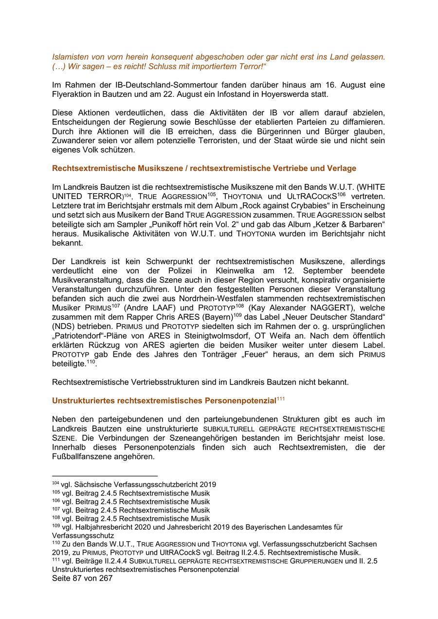 Islamisten von vorn herein konsequent abgeschoben oder gar nicht erst ins Land gelassen. (...) Wir sagen - es reicht! Schluss mit importiertem Terror!" Im Rahmen der IB-Deutschland-Sommertour fanden darüber hinaus am 16. August eine Flyeraktion in Bautzen und am 22. August ein Infostand in Hoyerswerda statt. Diese Aktionen verdeutlichen, dass die Aktivitäten der IB vor allem darauf abzielen, Entscheidungen der Regierung sowie Beschlüsse der etablierten Parteien zu diffamieren. Durch ihre Aktionen will die IB erreichen, dass die Bürgerinnen und Bürger glauben, Zuwanderer seien vor allem potenzielle Terroristen, und der Staat würde sie und nicht sein eigenes Volk schützen. Rechtsextremistische Musikszene / rechtsextremistische Vertriebe und Verlage Im Landkreis Bautzen ist die rechtsextremistische Musikszene mit den Bands W.U.T. (WHITE UNITED TERROR)104, TRUE AGGRESSION105, THOYTONIA und ULTRACOCKS106 vertreten. Letztere trat im Berichtsjahr erstmals mit dem Album "Rock against Crybabies" in Erscheinung und setzt sich aus Musikern der Band TRUE AGGRESSION zusammen. TRUE AGGRESSION selbst beteiligte sich am Sampler "Punikoff hört rein Vol. 2" und gab das Album "Ketzer & Barbaren" heraus. Musikalische Aktivitäten von W.U.T. und THOYTONIA wurden im Berichtsjahr nicht bekannt. Der Landkreis ist kein Schwerpunkt der rechtsextremistischen Musikszene, allerdings verdeutlicht eine von der Polizei in Kleinwelka am 12. September beendete Musikveranstaltung, dass die Szene auch in dieser Region versucht, konspirativ organisierte Veranstaltungen durchzuführen. Unter den festgestellten Personen dieser Veranstaltung befanden sich auch die zwei aus Nordrhein-Westfalen stammenden rechtsextremistischen Musiker PRIMUS107 (Andre LAAF) und PROTOTYP108 (Kay Alexander NAGGERT), welche zusammen mit dem Rapper Chris ARES (Bayern)109 das Label "Neuer Deutscher Standard" (NDS) betrieben. PRIMUS und PROTOTYP siedelten sich im Rahmen der o. g. ursprünglichen "Patriotendorf"-Pläne von ARES in Steinigtwolmsdorf, OT Weifa an. Nach dem öffentlich erklärten Rückzug von ARES agierten die beiden Musiker weiter unter diesem Label. PROTOTYP gab Ende des Jahres den Tonträger "Feuer" heraus, an dem sich PRIMUS beteiligte.110. Rechtsextremistische Vertriebsstrukturen sind im Landkreis Bautzen nicht bekannt. Unstrukturiertes rechtsextremistisches Personenpotenzial111 Neben den parteigebundenen und den parteiungebundenen Strukturen gibt es auch im Landkreis Bautzen eine unstrukturierte SUBKULTURELL GEPRÄGTE RECHTSEXTREMISTISCHE SZENE. Die Verbindungen der Szeneangehörigen bestanden im Berichtsjahr meist lose. Innerhalb dieses Personenpotenzials finden sich auch Rechtsextremisten, die der Fußballfanszene angehören. 104 vgl. Sächsische Verfassungsschutzbericht 2019 105 vgl. Beitrag 2.4.5 Rechtsextremistische Musik 106 vgl. Beitrag 2.4.5 Rechtsextremistische Musik 107 vgl. Beitrag 2.4.5 Rechtsextremistische Musik 108 vgl. Beitrag 2.4.5 Rechtsextremistische Musik 109 vgl. Halbjahresbericht 2020 und Jahresbericht 2019 des Bayerischen Landesamtes für Verfassungsschutz 110 Zu den Bands W.U.T., T RUE AGGRESSION und THOYTONIA vgl. Verfassungsschutzbericht Sachsen 2019, zu PRIMUS, PROTOTYP und UltRACockS vgl. Beitrag II.2.4.5. Rechtsextremistische Musik. 111 vgl. Beiträge II.2.4.4 SUBKULTURELL GEPRÄGTE RECHTSEXTREMISTISCHE GRUPPIERUNGEN und II. 2.5 Unstrukturiertes rechtsextremistisches Personenpotenzial Seite 87 von 267
