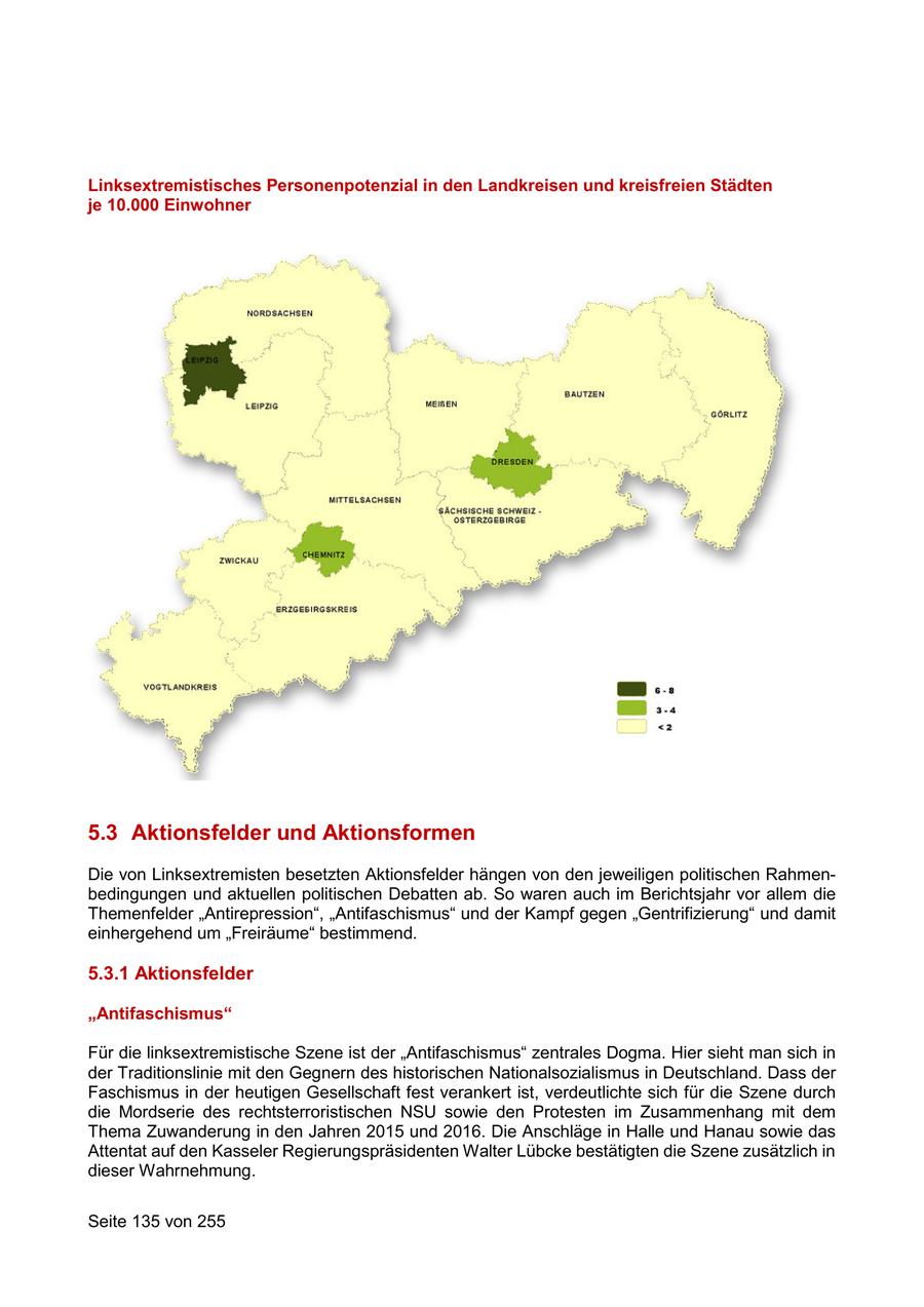 Linksextremistisches Personenpotenzial in den Landkreisen und kreisfreien Städten je 10.000 Einwohner 5.3 Aktionsfelder und Aktionsformen Die von Linksextremisten besetzten Aktionsfelder hängen von den jeweiligen politischen Rahmenbedingungen und aktuellen politischen Debatten ab. So waren auch im Berichtsjahr vor allem die Themenfelder "Antirepression", "Antifaschismus" und der Kampf gegen "Gentrifizierung" und damit einhergehend um "Freiräume" bestimmend. 5.3.1 Aktionsfelder "Antifaschismus" Für die linksextremistische Szene ist der "Antifaschismus" zentrales Dogma. Hier sieht man sich in der Traditionslinie mit den Gegnern des historischen Nationalsozialismus in Deutschland. Dass der Faschismus in der heutigen Gesellschaft fest verankert ist, verdeutlichte sich für die Szene durch die Mordserie des rechtsterroristischen NSU sowie den Protesten im Zusammenhang mit dem Thema Zuwanderung in den Jahren 2015 und 2016. Die Anschläge in Halle und Hanau sowie das Attentat auf den Kasseler Regierungspräsidenten Walter Lübcke bestätigten die Szene zusätzlich in dieser Wahrnehmung. Seite 135 von 255