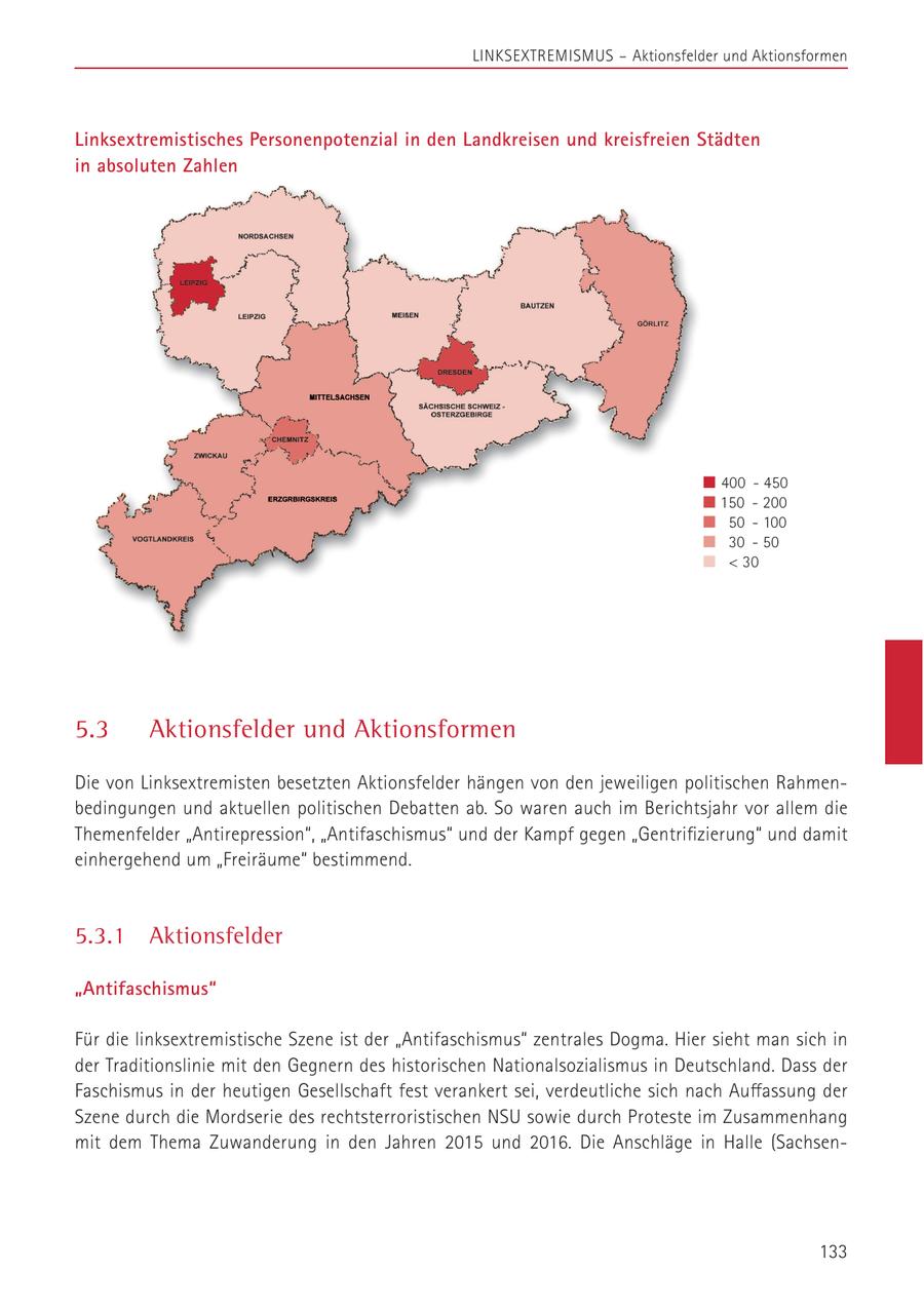LINKSEXTREMISMUS - Aktionsfelder und Aktionsformen Linksextremistisches Personenpotenzial in den Landkreisen und kreisfreien Städten in absoluten Zahlen n 400 - 450 n 150 - 200 n 50 - 100 n 30 - 50 n < 30 5.3 Aktionsfelder und Aktionsformen Die von Linksextremisten besetzten Aktionsfelder hängen von den jeweiligen politischen Rahmenbedingungen und aktuellen politischen Debatten ab. So waren auch im Berichtsjahr vor allem die Themenfelder "Antirepression", "Antifaschismus" und der Kampf gegen "Gentrifizierung" und damit einhergehend um "Freiräume" bestimmend. 5.3.1 Aktionsfelder "Antifaschismus" Für die linksextremistische Szene ist der "Antifaschismus" zentrales Dogma. Hier sieht man sich in der Traditionslinie mit den Gegnern des historischen Nationalsozialismus in Deutschland. Dass der Faschismus in der heutigen Gesellschaft fest verankert sei, verdeutliche sich nach Auffassung der Szene durch die Mordserie des rechtsterroristischen NSU sowie durch Proteste im Zusammenhang mit dem Thema Zuwanderung in den Jahren 2015 und 2016. Die Anschläge in Halle (Sachsen133