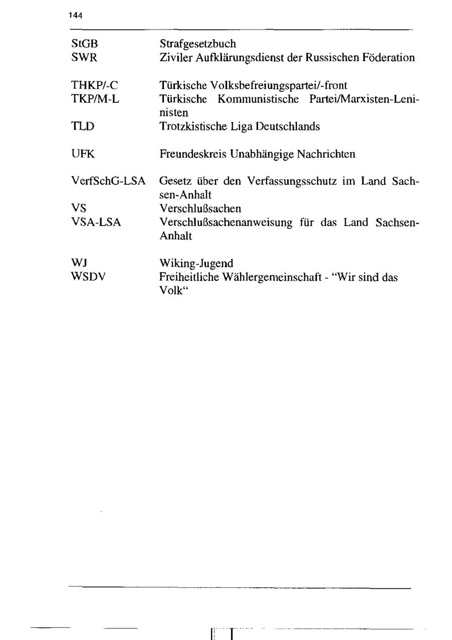 144 StGB Strafgesetzbuch SWR Ziviler Aufklärungsdienst der Russischen Föderation THKP/-C Türkische Volksbefreiungspartei/-front TKP/M-L Türkische Kommunistische Partei/Marxisten-Leninisten TLD Trotzkistische Liga Deutschlands UFK Freundeskreis Unabhängige Nachrichten VerfSchG-LSA Gesetz über den Verfassungsschutz im Land Sachsen-Anhalt VS Verschlußsachen VSA-LSA Verschlußsachenanweisung für das Land SachsenAnhalt Ww] Wiking-Jugend WSDV Freiheitliche Wählergemeinschaft - "Wir sind das Volk"