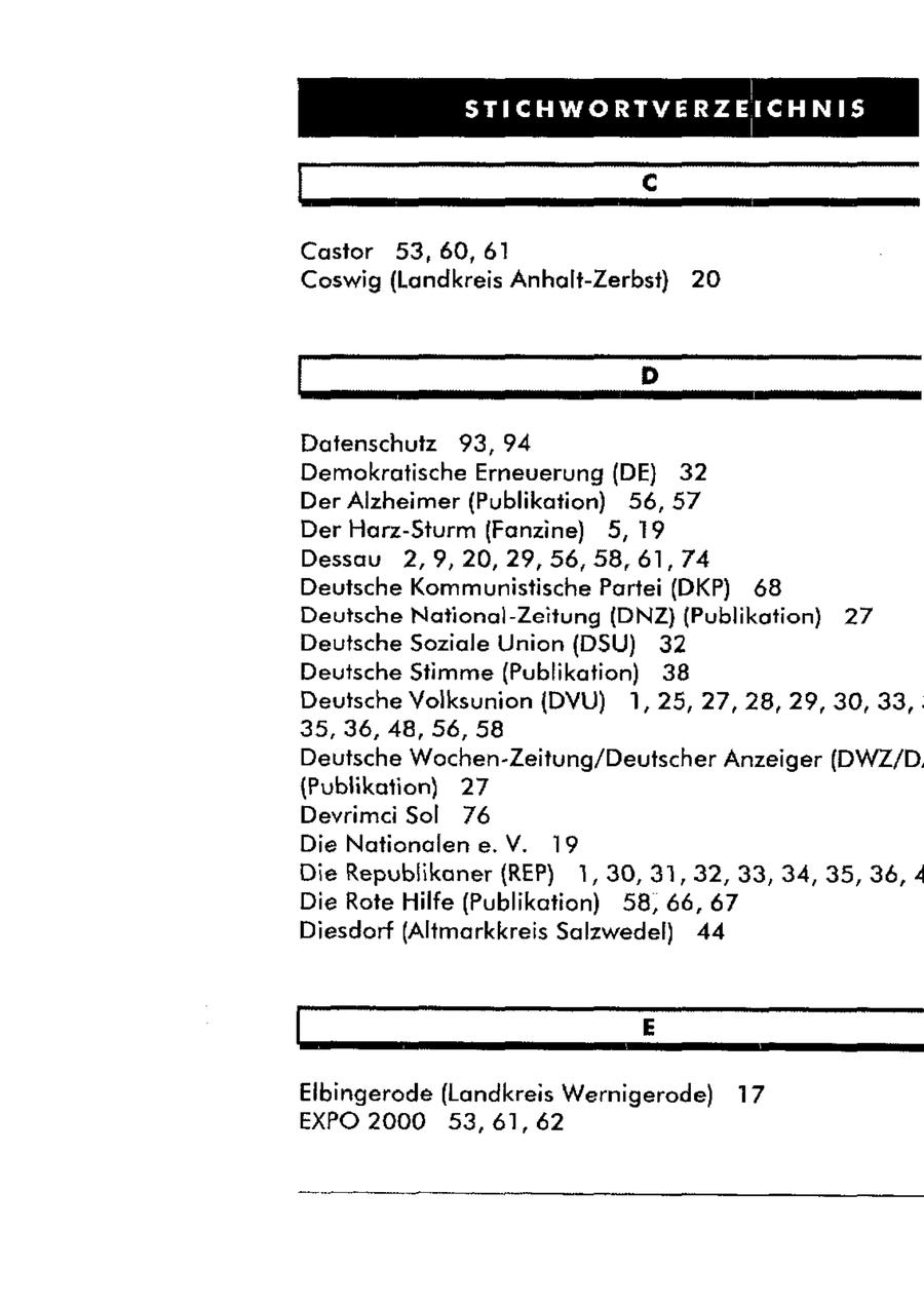 ] STICHWORTVERZEICHNIS Castor 53,60, 6] Coswig (Landkreis Anhalt-Zerbst) 20 D-----------Datenschutz 93,94 Demokratische Erneverung (DE) 32 Der Alzheimer (Publikation) 56, 57 Der Harz-Sturm {Fanzine) 5, 19 Dessau 2,9, 20, 29, 56, 58, 61,74 Deutsche Kommunistische Partei (DKP) 68 Deutsche National-Zeitung [DNZ} (Publikation) 27 Deutsche Soziale Union (DSU) 32 Deutsche Stimme (Publikation) 38 Deutsche Volksunion (DVU) 1,25, 27, 28,29, 30,33, 35,36, 48, 56, 58 Deutsche Wochen-Zeitung/Deutscher Anzeiger (DWZ/D. (Publikation) 27 Devrimei Sol 76 Die Nationalen e.V. 19 Die Republikaner {REP) 1,30, 31,32, 33, 34, 35, 36, 4 Die Rote Hilfe (Publikation) 58, 66, 67 Diesdorf (Altmarkkreis Salzwedel) 44 . . : _ Elbingerode (Landkreis Wernigerode) 17 EXPO 2000 53, 61, 62