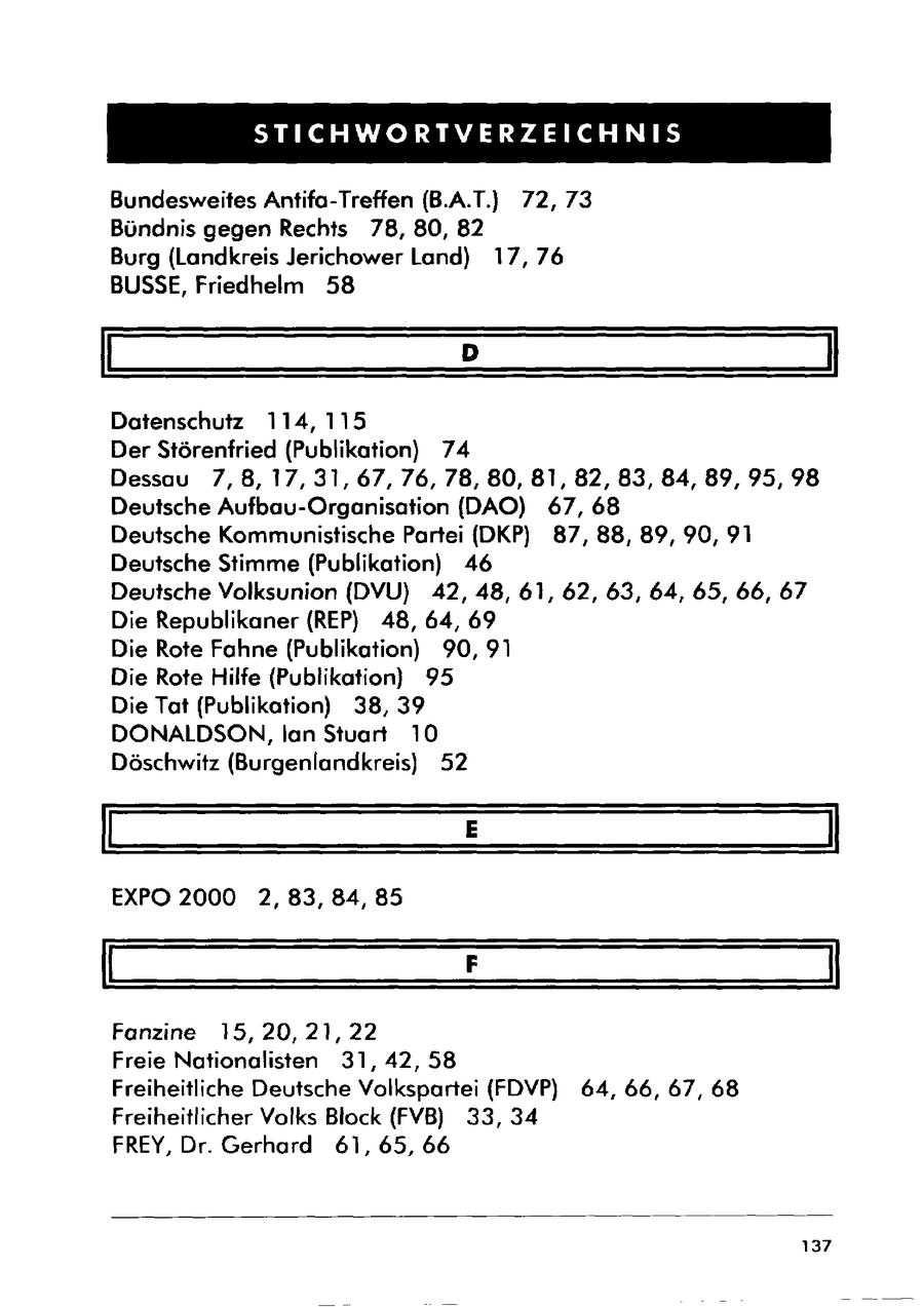 STICHWORTVERZEICHNIS Bundesweites Antifa-Treffen (B.A.T.) 72,73 Bündnis gegen Rechts 78, 80, 82 Burg (Landkreis Jerichower Land) 17,76 BUSSE, Friedhelm 58 Datenschutz 114, 115 Der Störenfried (Publikation) 74 Dessau 7,8,17,31,67,76, 78,80, 81, 82, 83, 84, 89, 95, 98 Deutsche Aufbau-Organisation (DAO) 67, 68 Deutsche Kommunistische Partei (DKP) 87,88, 89, 90, 91 Deutsche Stimme (Publikation) 46 Deutsche Volksunion (DVU) 42,48, 61, 62, 63, 64, 65, 66, 67 Die Republikaner (REP) 48, 64, 69 Die Rote Fahne (Publikation) 90, 91 Die Rote Hilfe (Publikation) 95 Die Tat (Publikation) 38, 39 DONALDSON, lan Stuart 10 Döschwitz (Burgenlandkreis) 52 EXPO 2000 2,83, 84,85 Fanzine 15,20, 21,22 Freie Nationalisten 31, 42, 58 Freiheitliche Deutsche Volkspartei (FDVP) 64, 66, 67, 68 Freiheitlicher Volks Block (FVB) 33, 34 FREY, Dr. Gerhard 61, 65, 66 137