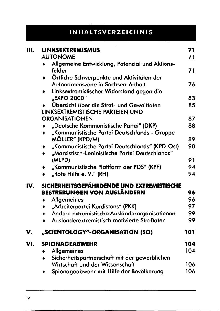 INHALTSVERZEICHNIS IN. LINKSEXTREMISMUS 7 AUTONOME 71 + Allgemeine Entwicklung, Potenzial und Aktionsfelder 71 + Örtliche Schwerpunkte und Aktivitäten der Autonomenszene in Sachsen-Anhalt 76 + Linksextremistischer Widerstand gegen die "EXPO 2000" 83 * Übersicht über die Strafund Gewalttaten 85 LINKSEXTREMISTISCHE PARTEIEN UND ORGANISATIONEN 87 + "Deutsche Kommunistische Partei" (DKP) 88 + "Kommunistische Partei Deutschlands - Gruppe MÖLLER" (KPD/M) 89 + "Kommunistische Partei Deutschlands" (KPD-Ost) 90 + "Mansistisch-Leninistische Partei Deutschlands" (MLPD) 9] + "Kommunistische Plattform der PDS" (KPF) 94 + "Rote Hilfe e. V." (RH) 94 IV. SICHERHEITSGEFÄHRDENDE UND EXTREMISTISCHE BESTREBUNGEN VON AUSLÄNDERN 9% + Allgemeines 96 + "Arbeiterpartei Kurdistans" (PKK) 97 * Andere extremistische Ausländerorganisationen 99 + Ausländerextremistisch motivierte Straftaten 99 V. "SCIENTOLOGY"-ORGANISATION (SO) 101 VI. SPIONAGEABWEHR 104 + Allgemeines 104 + Sicherheitspartnerschaft mit der gewerblichen Wirtschaft und der Wissenschaft 106 + Spionageabwehr mit Hilfe der Bevölkerung 106