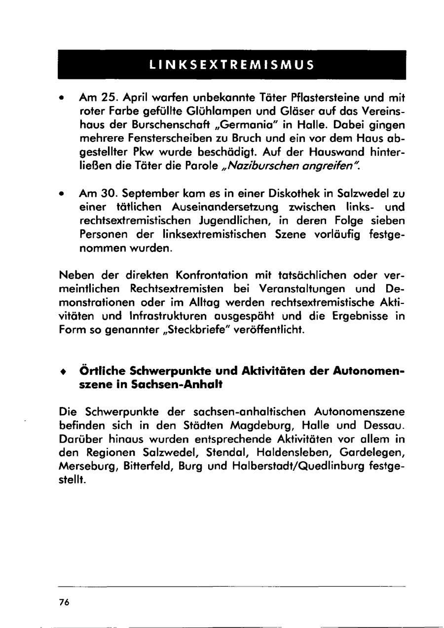 LINKSEXTREMISMUS e Am 25. April warfen unbekannte Täter Pflastersteine und mit roter Farbe gefüllte Glühlampen und Gläser auf das Vereinshaus der Burschenschaft "Germania" in Halle. Dabei gingen mehrere Fensterscheiben zu Bruch und ein vor dem Haus abgestellter Pkw wurde beschädigt. Auf der Hauswand hinterließen die Täter die Parole "Noziburschen angreifen". e Am 30. September kam esin einer Diskothek in Salzwedel zu einer tätlichen Auseinandersetzung zwischen linksund rechtsextremistischen Jugendlichen, in deren Folge sieben Personen der linksextremistischen Szene vorläufig festgenommen wurden. Neben der direkten Konfrontation mit tatsächlichen oder vermeintlichen Rechtsextremisten bei Veranstaltungen und Demonstrationen oder im Alltag werden rechtsextremistische Aktivitäten und Infrastrukturen ausgespäht und die Ergebnisse in Form so genannter "Steckbriefe" veröffentlicht. * Örtliche Schwerpunkte und Aktivitäten der Autonomenszene in Sachsen-Anhalt Die Schwerpunkte der sachsen-anhaltischen Autonomenszene befinden sich in den Städten Magdeburg, Halle und Dessau. Darüber hinaus wurden entsprechende Aktivitäten vor allem in den Regionen Salzwedel, Stendal, Haldensleben, Gardelegen, Merseburg, Bitterfeld, Burg und Halberstadt/Quedlinburg festgestellt. 76