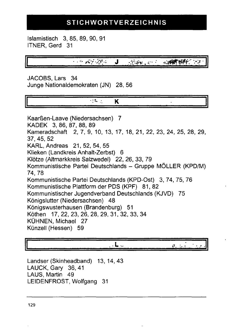 STICHWORTVERZEICHNIS Islamistisch 3, 85, 89, 90, 91 ITNER, Gerd 31 en ee JACOBS, Lars 34 Junge Nationaldemokraten (JN) 28, 56 un K Kaarßen-Laave (Niedersachsen) 7 KADEK 3, 86, 87, 88, 89 Kameradschaft 2, 7,9, 10, 13, 17, 18, 21, 22, 23, 24, 25, 28, 29, 37, 45,52 KARL, Andreas 21, 52, 54, 55 Klieken (Landkreis Anhalt-Zerbst) 6 Klötze (Altmarkkreis Salzwedel) 22, 26, 33, 79 Kommunistische Partei Deutschlands - Gruppe MÖLLER (KPD/M) 74,78 Kommunistische Partei Deutschlands (KPD-Ost) 3, 74, 75, 76 Kommunistische Plattform der PDS (KPF) 81,82 Kommunistischer Jugendverband Deutschlands (KJVD) 75 Königslutter (Niedersachsen) 48 Königswusterhausen (Brandenburg) 51 Köthen 17, 22, 23, 26, 28, 29, 31, 32, 33, 34 KÜHNEN, Michael 27 Künzell (Hessen) 59 .L.. an: Landser (Skinheadband) 13, 14, 43 LAUCK, Gary 36, 41 LAUS, Martin 49 LEIDENFROST, Wolfgang 31