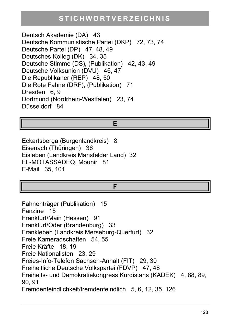STICHWORTVERZEICHNIS Deutsch Akademie (DA) 43 Deutsche Kommunistische Partei (DKP) 72, 73, 74 Deutsche Partei (DP) 47, 48, 49 Deutsches Kolleg (DK) 34, 35 Deutsche Stimme (DS), (Publikation) 42, 43, 49 Deutsche Volksunion (DVU) 46, 47 Die Republikaner (REP) 48, 50 Die Rote Fahne (DRF), (Publikation) 71 Dresden 6, 9 Dortmund (Nordrhein-Westfalen) 23, 74 Düsseldorf 84 E Eckartsberga (Burgenlandkreis) 8 Eisenach (Thüringen) 36 Eisleben (Landkreis Mansfelder Land) 32 EL-MOTASSADEQ, Mounir 81 E-Mail 35, 101 F Fahnenträger (Publikation) 15 Fanzine 15 Frankfurt/Main (Hessen) 91 Frankfurt/Oder (Brandenburg) 33 Frankleben (Landkreis Merseburg-Querfurt) 32 Freie Kameradschaften 54, 55 Freie Kräfte 18, 19 Freie Nationalisten 23, 29 Freies-Info-Telefon Sachsen-Anhalt (FIT) 29, 30 Freiheitliche Deutsche Volkspartei (FDVP) 47, 48 Freiheitsund Demokratiekongress Kurdistans (KADEK) 4, 88, 89, 90, 91 Fremdenfeindlichkeit/fremdenfeindlich 5, 6, 12, 35, 126 128