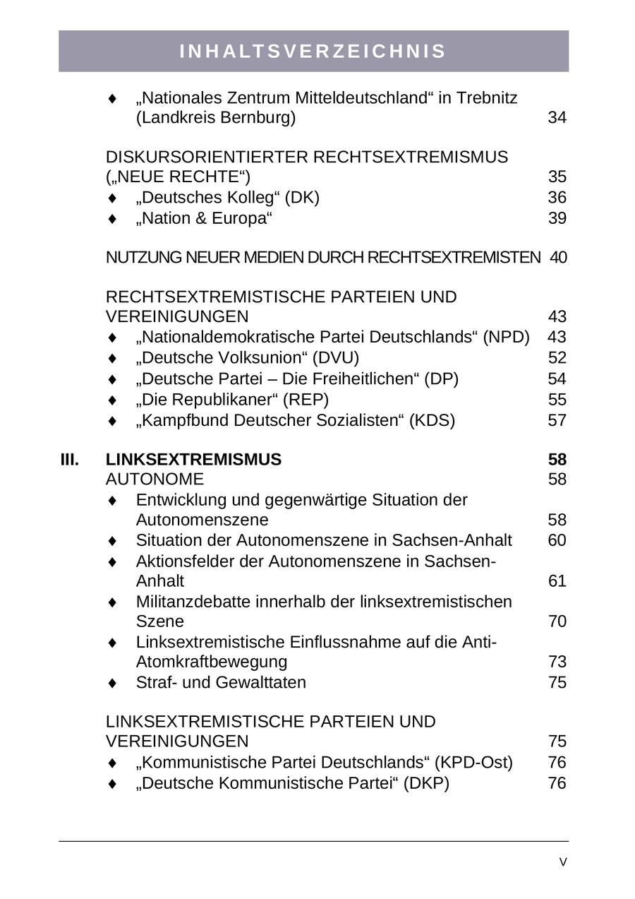 I N H A LT S V E R Z E I C H N I S "Nationales Zentrum Mitteldeutschland" in Trebnitz (Landkreis Bernburg) 34 DISKURSORIENTIERTER RECHTSEXTREMISMUS ("NEUE RECHTE") 35 "Deutsches Kolleg" (DK) 36 "Nation & Europa" 39 NUTZUNG NEUER MEDIEN DURCH RECHTSEXTREMISTEN 40 RECHTSEXTREMISTISCHE PARTEIEN UND VEREINIGUNGEN 43 "Nationaldemokratische Partei Deutschlands" (NPD) 43 "Deutsche Volksunion" (DVU) 52 "Deutsche Partei - Die Freiheitlichen" (DP) 54 "Die Republikaner" (REP) 55 "Kampfbund Deutscher Sozialisten" (KDS) 57 III. LINKSEXTREMISMUS 58 AUTONOME 58 Entwicklung und gegenwärtige Situation der Autonomenszene 58 Situation der Autonomenszene in Sachsen-Anhalt 60 Aktionsfelder der Autonomenszene in SachsenAnhalt 61 Militanzdebatte innerhalb der linksextremistischen Szene 70 Linksextremistische Einflussnahme auf die AntiAtomkraftbewegung 73 Strafund Gewalttaten 75 LINKSEXTREMISTISCHE PARTEIEN UND VEREINIGUNGEN 75 "Kommunistische Partei Deutschlands" (KPD-Ost) 76 "Deutsche Kommunistische Partei" (DKP) 76 V