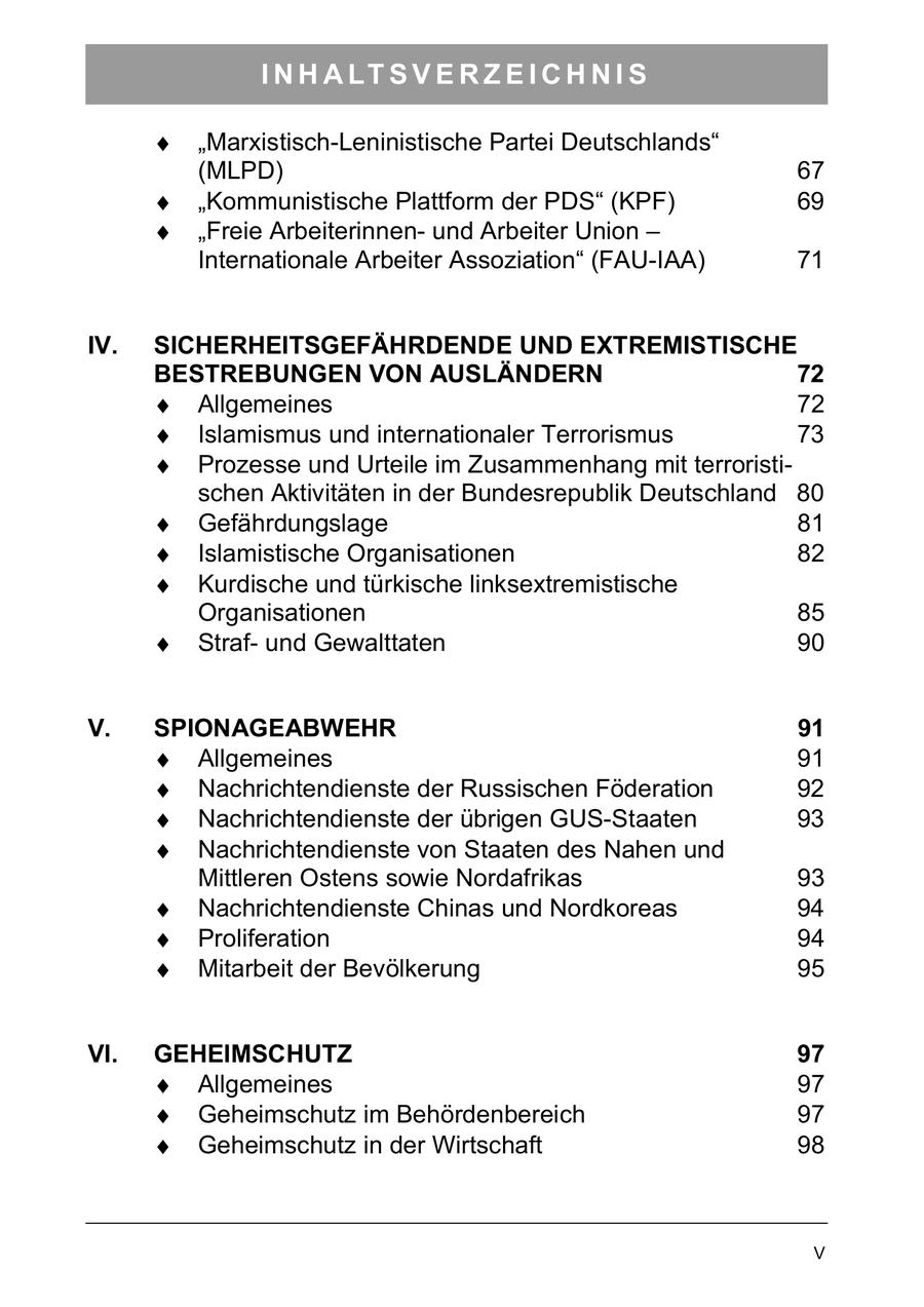 I N H A LT S V E R Z E I C H N I S Marxistisch-Leninistische Partei Deutschlands (MLPD) 67 Kommunistische Plattform der PDS (KPF) 69 Freie Arbeiterinnenund Arbeiter Union Internationale Arbeiter Assoziation" (FAU-IAA) 71 IV. SICHERHEITSGEFÄHRDENDE UND EXTREMISTISCHE BESTREBUNGEN VON AUSLÄNDERN 72 Allgemeines 72 Islamismus und internationaler Terrorismus 73 Prozesse und Urteile im Zusammenhang mit terroristischen Aktivitäten in der Bundesrepublik Deutschland 80 Gefährdungslage 81 Islamistische Organisationen 82 Kurdische und türkische linksextremistische Organisationen 85 Strafund Gewalttaten 90 V. SPIONAGEABWEHR 91 Allgemeines 91 Nachrichtendienste der Russischen Föderation 92 Nachrichtendienste der übrigen GUS-Staaten 93 Nachrichtendienste von Staaten des Nahen und Mittleren Ostens sowie Nordafrikas 93 Nachrichtendienste Chinas und Nordkoreas 94 Proliferation 94 Mitarbeit der Bevölkerung 95 VI. GEHEIMSCHUTZ 97 Allgemeines 97 Geheimschutz im Behördenbereich 97 Geheimschutz in der Wirtschaft 98 V