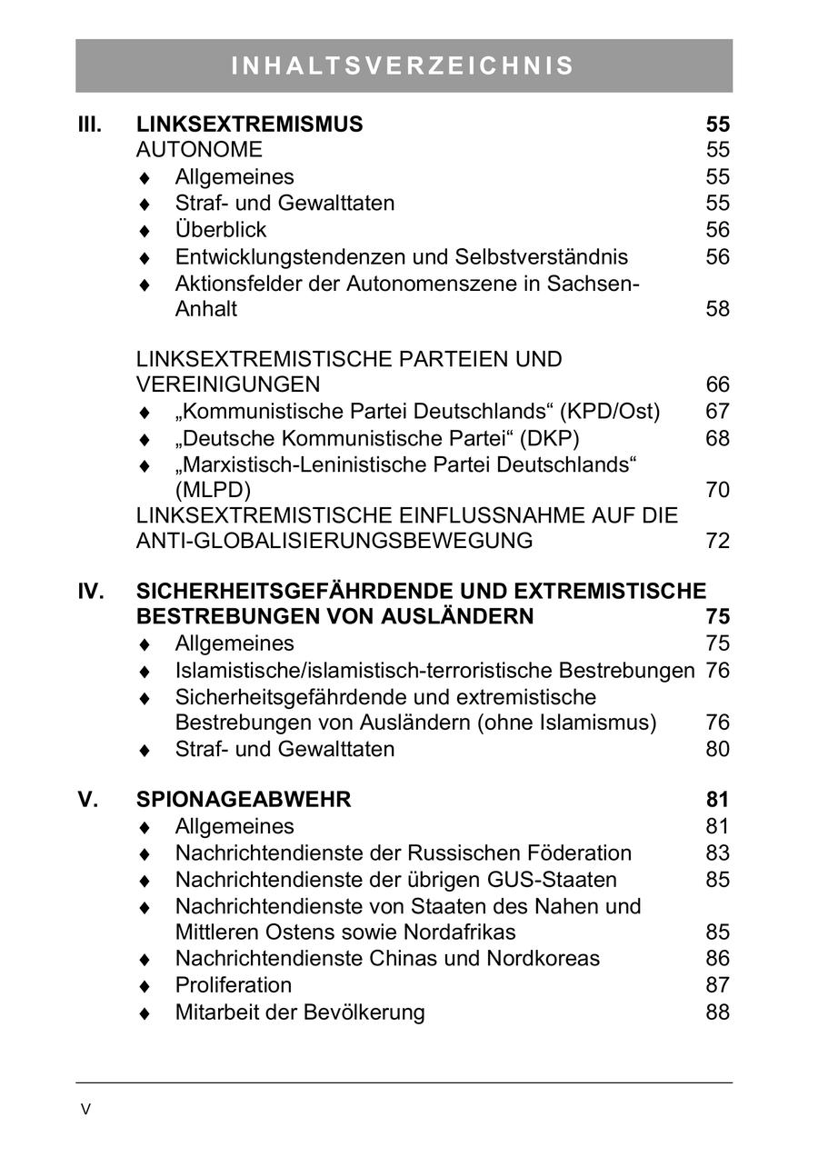 I N H A LT S V E R Z E I C H N I S III. LINKSEXTREMISMUS 55 AUTONOME 55 Allgemeines 55 Strafund Gewalttaten 55 Überblick 56 Entwicklungstendenzen und Selbstverständnis 56 Aktionsfelder der Autonomenszene in SachsenAnhalt 58 LINKSEXTREMISTISCHE PARTEIEN UND VEREINIGUNGEN 66 "Kommunistische Partei Deutschlands" (KPD/Ost) 67 "Deutsche Kommunistische Partei" (DKP) 68 "Marxistisch-Leninistische Partei Deutschlands" (MLPD) 70 LINKSEXTREMISTISCHE EINFLUSSNAHME AUF DIE ANTI-GLOBALISIERUNGSBEWEGUNG 72 IV. SICHERHEITSGEFÄHRDENDE UND EXTREMISTISCHE BESTREBUNGEN VON AUSLÄNDERN 75 Allgemeines 75 Islamistische/islamistisch-terroristische Bestrebungen 76 Sicherheitsgefährdende und extremistische Bestrebungen von Ausländern (ohne Islamismus) 76 Strafund Gewalttaten 80 V. SPIONAGEABWEHR 81 Allgemeines 81 Nachrichtendienste der Russischen Föderation 83 Nachrichtendienste der übrigen GUS-Staaten 85 Nachrichtendienste von Staaten des Nahen und Mittleren Ostens sowie Nordafrikas 85 Nachrichtendienste Chinas und Nordkoreas 86 Proliferation 87 Mitarbeit der Bevölkerung 88 V