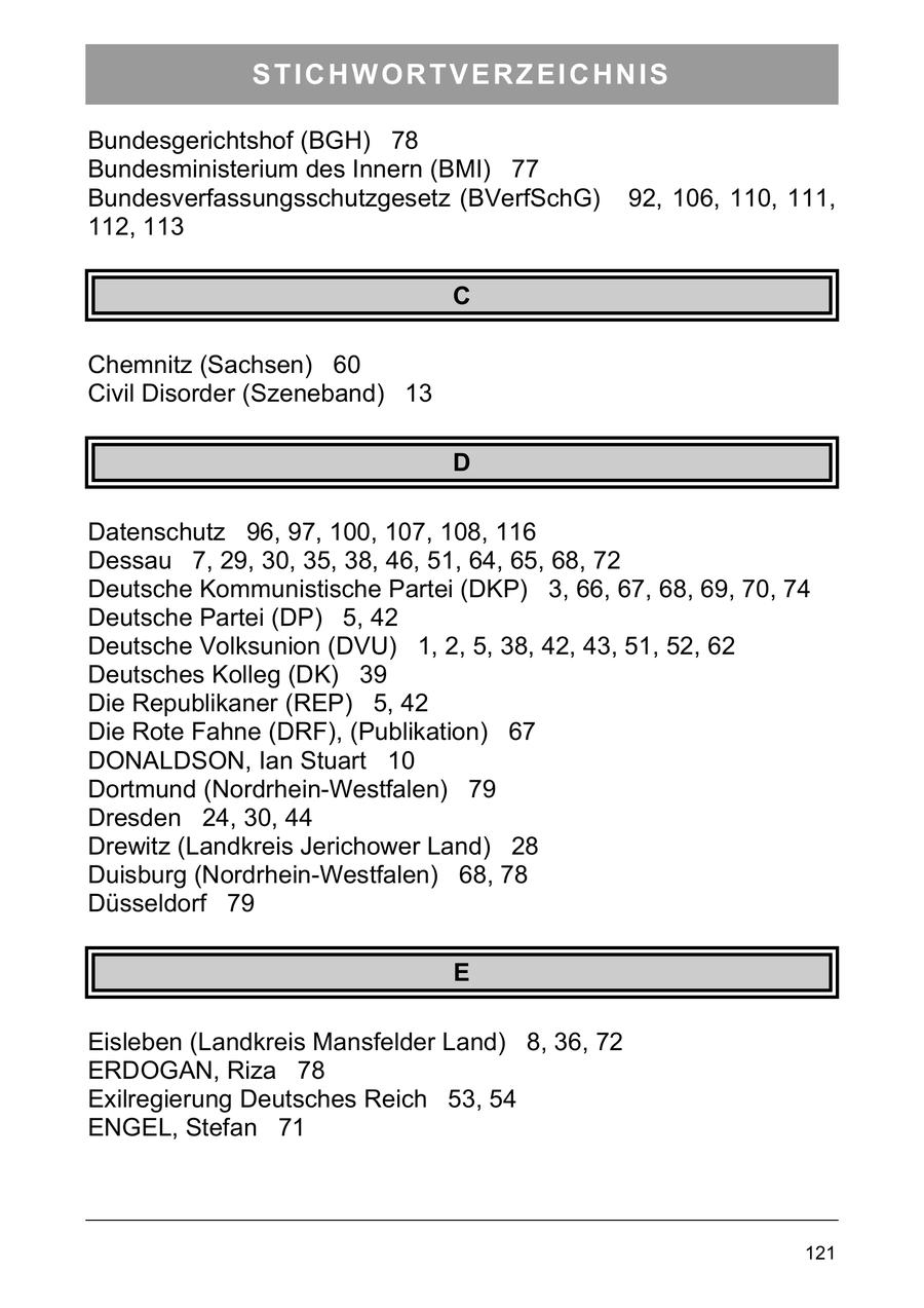 STICHWORTVERZEICHNIS Bundesgerichtshof (BGH) 78 Bundesministerium des Innern (BMI) 77 Bundesverfassungsschutzgesetz (BVerfSchG) 92, 106, 110, 111, 112, 113 C Chemnitz (Sachsen) 60 Civil Disorder (Szeneband) 13 D Datenschutz 96, 97, 100, 107, 108, 116 Dessau 7, 29, 30, 35, 38, 46, 51, 64, 65, 68, 72 Deutsche Kommunistische Partei (DKP) 3, 66, 67, 68, 69, 70, 74 Deutsche Partei (DP) 5, 42 Deutsche Volksunion (DVU) 1, 2, 5, 38, 42, 43, 51, 52, 62 Deutsches Kolleg (DK) 39 Die Republikaner (REP) 5, 42 Die Rote Fahne (DRF), (Publikation) 67 DONALDSON, Ian Stuart 10 Dortmund (Nordrhein-Westfalen) 79 Dresden 24, 30, 44 Drewitz (Landkreis Jerichower Land) 28 Duisburg (Nordrhein-Westfalen) 68, 78 Düsseldorf 79 E Eisleben (Landkreis Mansfelder Land) 8, 36, 72 ERDOGAN, Riza 78 Exilregierung Deutsches Reich 53, 54 ENGEL, Stefan 71 121