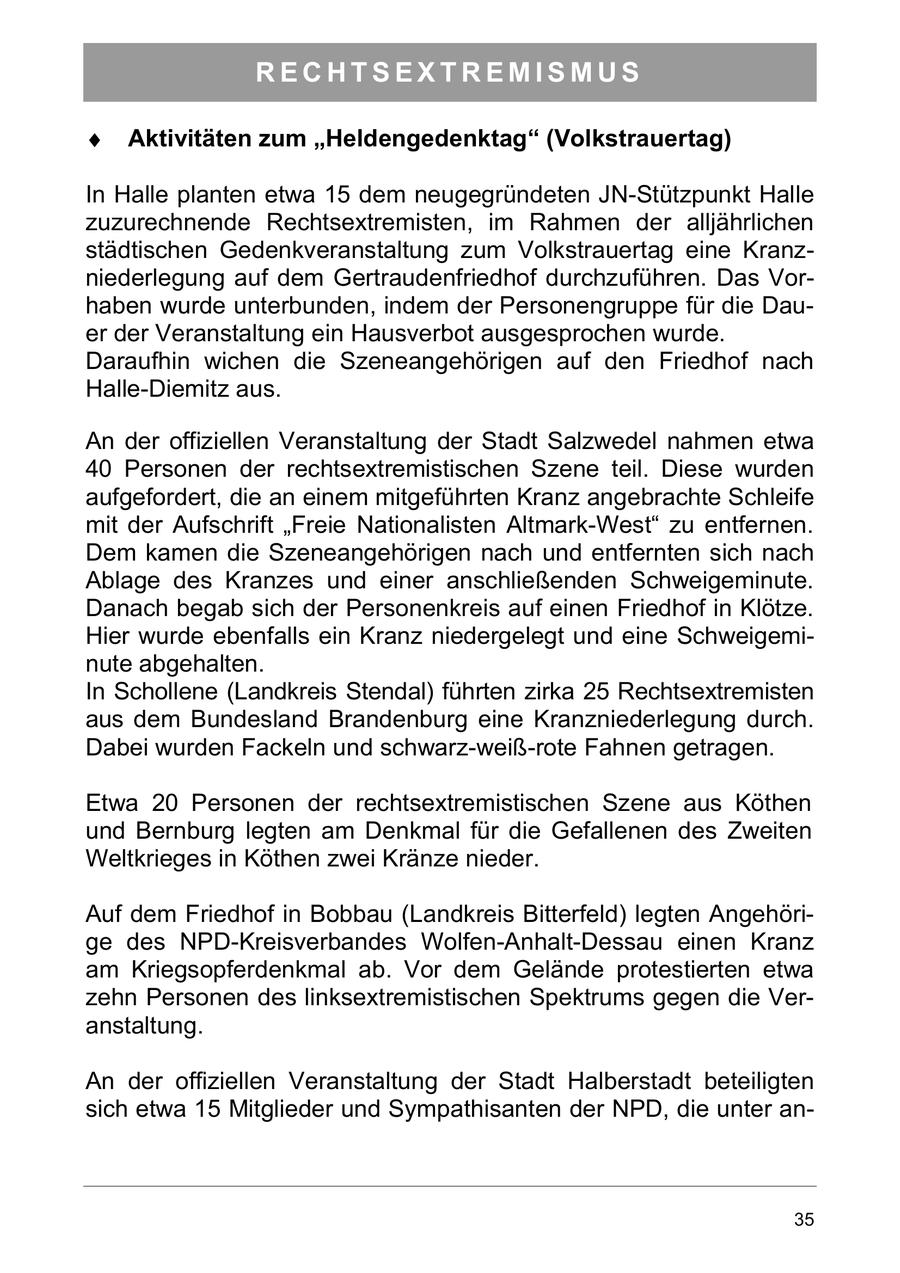 RECHTSEXTREMISMUS Aktivitäten zum "Heldengedenktag" (Volkstrauertag) In Halle planten etwa 15 dem neugegründeten JN-Stützpunkt Halle zuzurechnende Rechtsextremisten, im Rahmen der alljährlichen städtischen Gedenkveranstaltung zum Volkstrauertag eine Kranzniederlegung auf dem Gertraudenfriedhof durchzuführen. Das Vorhaben wurde unterbunden, indem der Personengruppe für die Dauer der Veranstaltung ein Hausverbot ausgesprochen wurde. Daraufhin wichen die Szeneangehörigen auf den Friedhof nach Halle-Diemitz aus. An der offiziellen Veranstaltung der Stadt Salzwedel nahmen etwa 40 Personen der rechtsextremistischen Szene teil. Diese wurden aufgefordert, die an einem mitgeführten Kranz angebrachte Schleife mit der Aufschrift "Freie Nationalisten Altmark-West" zu entfernen. Dem kamen die Szeneangehörigen nach und entfernten sich nach Ablage des Kranzes und einer anschließenden Schweigeminute. Danach begab sich der Personenkreis auf einen Friedhof in Klötze. Hier wurde ebenfalls ein Kranz niedergelegt und eine Schweigeminute abgehalten. In Schollene (Landkreis Stendal) führten zirka 25 Rechtsextremisten aus dem Bundesland Brandenburg eine Kranzniederlegung durch. Dabei wurden Fackeln und schwarz-weiß-rote Fahnen getragen. Etwa 20 Personen der rechtsextremistischen Szene aus Köthen und Bernburg legten am Denkmal für die Gefallenen des Zweiten Weltkrieges in Köthen zwei Kränze nieder. Auf dem Friedhof in Bobbau (Landkreis Bitterfeld) legten Angehörige des NPD-Kreisverbandes Wolfen-Anhalt-Dessau einen Kranz am Kriegsopferdenkmal ab. Vor dem Gelände protestierten etwa zehn Personen des linksextremistischen Spektrums gegen die Veranstaltung. An der offiziellen Veranstaltung der Stadt Halberstadt beteiligten sich etwa 15 Mitglieder und Sympathisanten der NPD, die unter an35