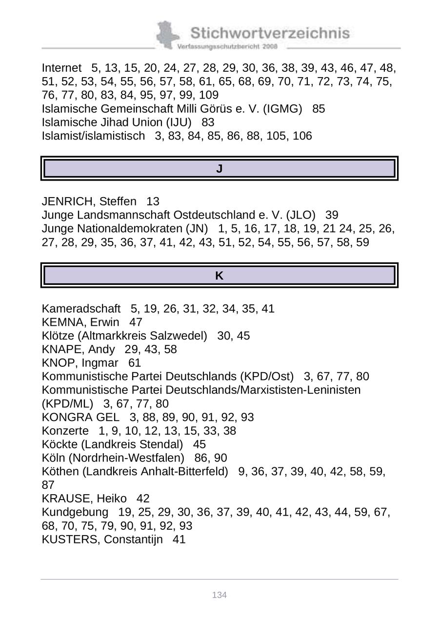 Internet 5, 13, 15, 20, 24, 27, 28, 29, 30, 36, 38, 39, 43, 46, 47, 48, 51, 52, 53, 54, 55, 56, 57, 58, 61, 65, 68, 69, 70, 71, 72, 73, 74, 75, 76, 77, 80, 83, 84, 95, 97, 99, 109 Islamische Gemeinschaft Milli Görüs e. V. (IGMG) 85 Islamische Jihad Union (IJU) 83 Islamist/islamistisch 3, 83, 84, 85, 86, 88, 105, 106 J JENRICH, Steffen 13 Junge Landsmannschaft Ostdeutschland e. V. (JLO) 39 Junge Nationaldemokraten (JN) 1, 5, 16, 17, 18, 19, 21 24, 25, 26, 27, 28, 29, 35, 36, 37, 41, 42, 43, 51, 52, 54, 55, 56, 57, 58, 59 K Kameradschaft 5, 19, 26, 31, 32, 34, 35, 41 KEMNA, Erwin 47 Klötze (Altmarkkreis Salzwedel) 30, 45 KNAPE, Andy 29, 43, 58 KNOP, Ingmar 61 Kommunistische Partei Deutschlands (KPD/Ost) 3, 67, 77, 80 Kommunistische Partei Deutschlands/Marxististen-Leninisten (KPD/ML) 3, 67, 77, 80 KONGRA GEL 3, 88, 89, 90, 91, 92, 93 Konzerte 1, 9, 10, 12, 13, 15, 33, 38 Köckte (Landkreis Stendal) 45 Köln (Nordrhein-Westfalen) 86, 90 Köthen (Landkreis Anhalt-Bitterfeld) 9, 36, 37, 39, 40, 42, 58, 59, 87 KRAUSE, Heiko 42 Kundgebung 19, 25, 29, 30, 36, 37, 39, 40, 41, 42, 43, 44, 59, 67, 68, 70, 75, 79, 90, 91, 92, 93 KUSTERS, Constantijn 41 134