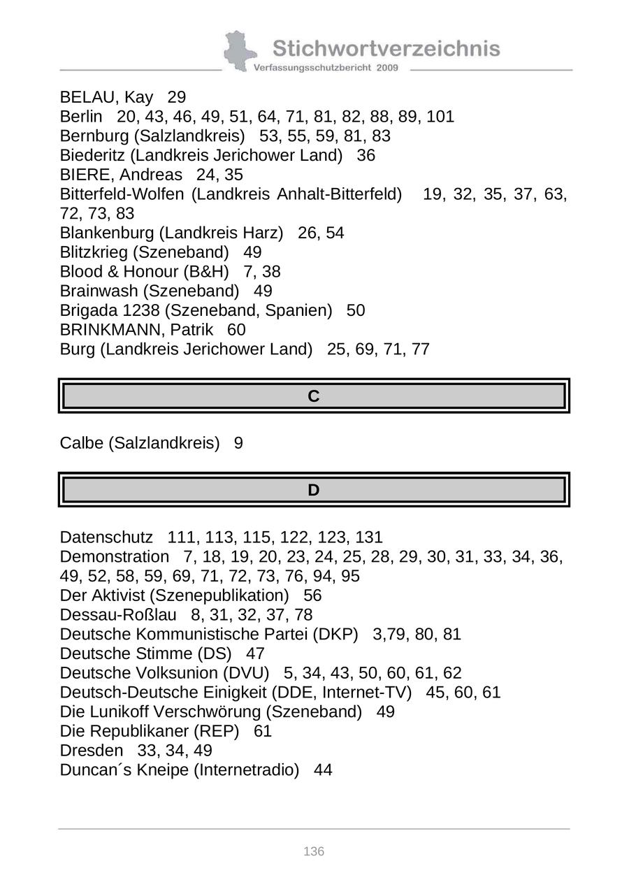 BELAU, Kay 29 Berlin 20, 43, 46, 49, 51, 64, 71, 81, 82, 88, 89, 101 Bernburg (Salzlandkreis) 53, 55, 59, 81, 83 Biederitz (Landkreis Jerichower Land) 36 BIERE, Andreas 24, 35 Bitterfeld-Wolfen (Landkreis Anhalt-Bitterfeld) 19, 32, 35, 37, 63, 72, 73, 83 Blankenburg (Landkreis Harz) 26, 54 Blitzkrieg (Szeneband) 49 Blood & Honour (B&H) 7, 38 Brainwash (Szeneband) 49 Brigada 1238 (Szeneband, Spanien) 50 BRINKMANN, Patrik 60 Burg (Landkreis Jerichower Land) 25, 69, 71, 77 C Calbe (Salzlandkreis) 9 D Datenschutz 111, 113, 115, 122, 123, 131 Demonstration 7, 18, 19, 20, 23, 24, 25, 28, 29, 30, 31, 33, 34, 36, 49, 52, 58, 59, 69, 71, 72, 73, 76, 94, 95 Der Aktivist (Szenepublikation) 56 Dessau-Roßlau 8, 31, 32, 37, 78 Deutsche Kommunistische Partei (DKP) 3,79, 80, 81 Deutsche Stimme (DS) 47 Deutsche Volksunion (DVU) 5, 34, 43, 50, 60, 61, 62 Deutsch-Deutsche Einigkeit (DDE, Internet-TV) 45, 60, 61 Die Lunikoff Verschwörung (Szeneband) 49 Die Republikaner (REP) 61 Dresden 33, 34, 49 Duncan's Kneipe (Internetradio) 44 136