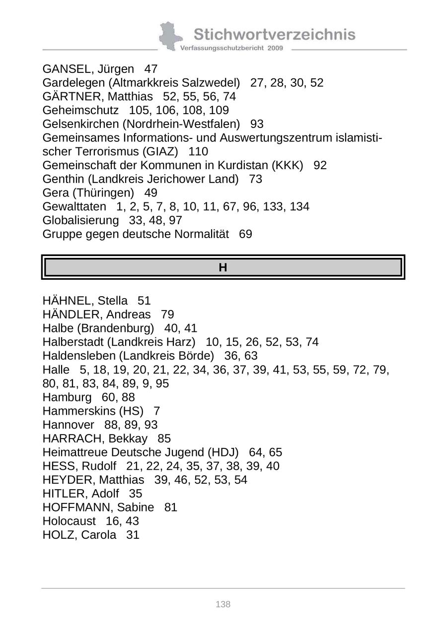 GANSEL, Jürgen 47 Gardelegen (Altmarkkreis Salzwedel) 27, 28, 30, 52 GÄRTNER, Matthias 52, 55, 56, 74 Geheimschutz 105, 106, 108, 109 Gelsenkirchen (Nordrhein-Westfalen) 93 Gemeinsames Informationsund Auswertungszentrum islamistischer Terrorismus (GIAZ) 110 Gemeinschaft der Kommunen in Kurdistan (KKK) 92 Genthin (Landkreis Jerichower Land) 73 Gera (Thüringen) 49 Gewalttaten 1, 2, 5, 7, 8, 10, 11, 67, 96, 133, 134 Globalisierung 33, 48, 97 Gruppe gegen deutsche Normalität 69 H HÄHNEL, Stella 51 HÄNDLER, Andreas 79 Halbe (Brandenburg) 40, 41 Halberstadt (Landkreis Harz) 10, 15, 26, 52, 53, 74 Haldensleben (Landkreis Börde) 36, 63 Halle 5, 18, 19, 20, 21, 22, 34, 36, 37, 39, 41, 53, 55, 59, 72, 79, 80, 81, 83, 84, 89, 9, 95 Hamburg 60, 88 Hammerskins (HS) 7 Hannover 88, 89, 93 HARRACH, Bekkay 85 Heimattreue Deutsche Jugend (HDJ) 64, 65 HESS, Rudolf 21, 22, 24, 35, 37, 38, 39, 40 HEYDER, Matthias 39, 46, 52, 53, 54 HITLER, Adolf 35 HOFFMANN, Sabine 81 Holocaust 16, 43 HOLZ, Carola 31 138
