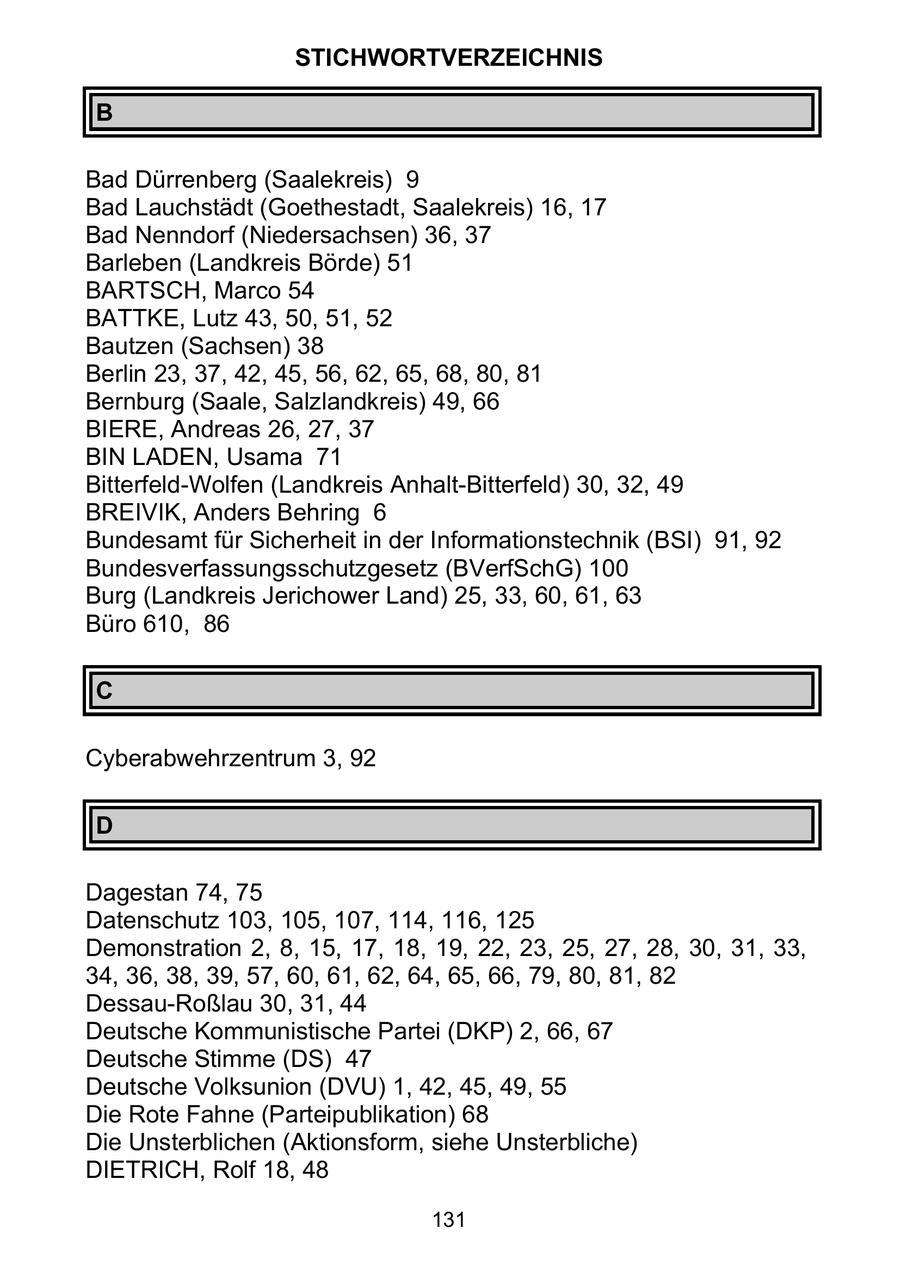 STICHWORTVERZEICHNIS B Bad Dürrenberg (Saalekreis) 9 Bad Lauchstädt (Goethestadt, Saalekreis) 16, 17 Bad Nenndorf (Niedersachsen) 36, 37 Barleben (Landkreis Börde) 51 BARTSCH, Marco 54 BATTKE, Lutz 43, 50, 51, 52 Bautzen (Sachsen) 38 Berlin 23, 37, 42, 45, 56, 62, 65, 68, 80, 81 Bernburg (Saale, Salzlandkreis) 49, 66 BIERE, Andreas 26, 27, 37 BIN LADEN, Usama 71 Bitterfeld-Wolfen (Landkreis Anhalt-Bitterfeld) 30, 32, 49 BREIVIK, Anders Behring 6 Bundesamt für Sicherheit in der Informationstechnik (BSI) 91, 92 Bundesverfassungsschutzgesetz (BVerfSchG) 100 Burg (Landkreis Jerichower Land) 25, 33, 60, 61, 63 Büro 610, 86 C Cyberabwehrzentrum 3, 92 D Dagestan 74, 75 Datenschutz 103, 105, 107, 114, 116, 125 Demonstration 2, 8, 15, 17, 18, 19, 22, 23, 25, 27, 28, 30, 31, 33, 34, 36, 38, 39, 57, 60, 61, 62, 64, 65, 66, 79, 80, 81, 82 Dessau-Roßlau 30, 31, 44 Deutsche Kommunistische Partei (DKP) 2, 66, 67 Deutsche Stimme (DS) 47 Deutsche Volksunion (DVU) 1, 42, 45, 49, 55 Die Rote Fahne (Parteipublikation) 68 Die Unsterblichen (Aktionsform, siehe Unsterbliche) DIETRICH, Rolf 18, 48 131