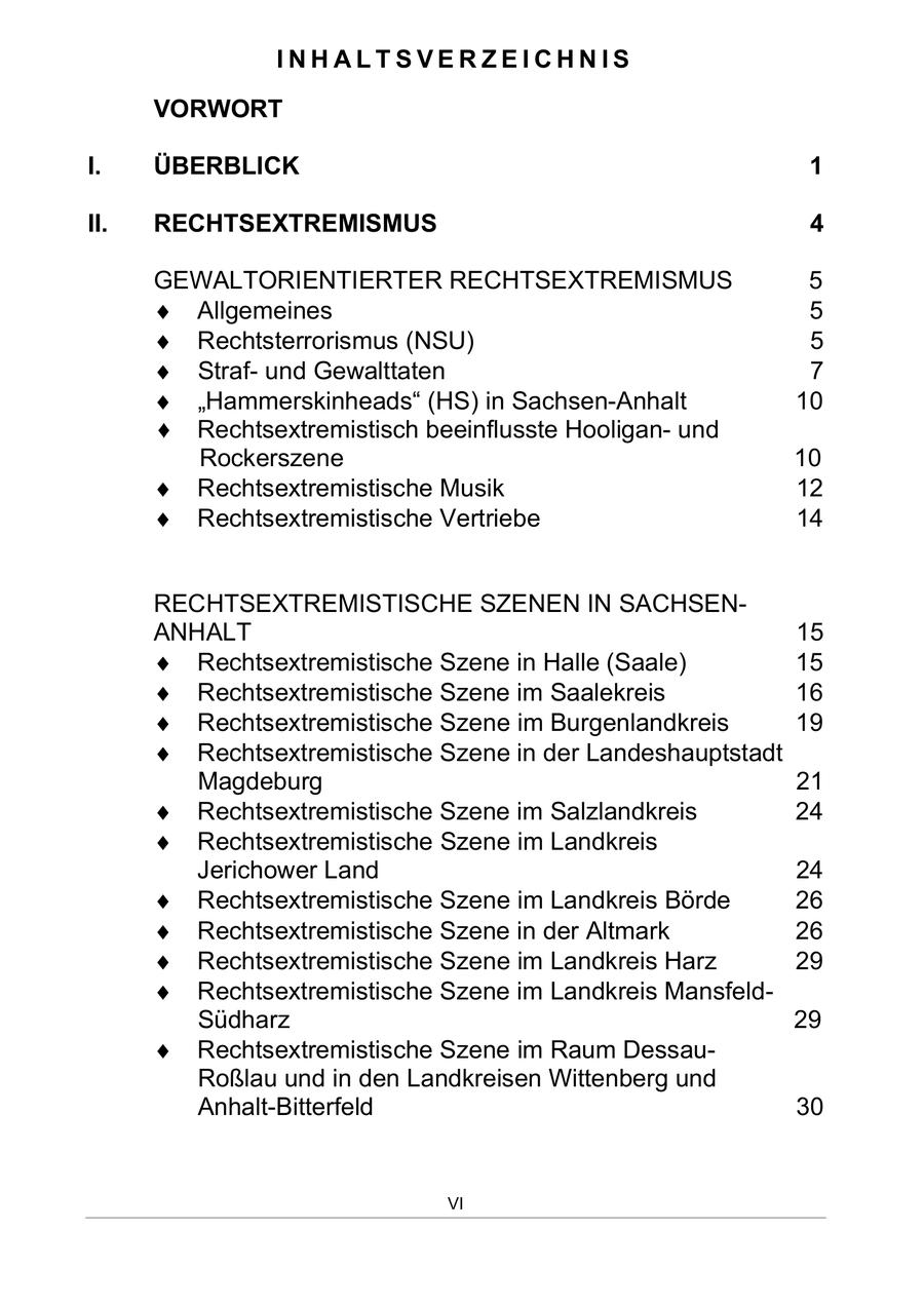 INHALTSVERZEICHNIS VORWORT I. ÜBERBLICK 1 II. RECHTSEXTREMISMUS 4 GEWALTORIENTIERTER RECHTSEXTREMISMUS 5 Allgemeines 5 Rechtsterrorismus (NSU) 5 Strafund Gewalttaten 7 Hammerskinheads (HS) in Sachsen-Anhalt 10 Rechtsextremistisch beeinflusste Hooliganund Rockerszene 10 Rechtsextremistische Musik 12 Rechtsextremistische Vertriebe 14 RECHTSEXTREMISTISCHE SZENEN IN SACHSENANHALT 15 Rechtsextremistische Szene in Halle (Saale) 15 Rechtsextremistische Szene im Saalekreis 16 Rechtsextremistische Szene im Burgenlandkreis 19 Rechtsextremistische Szene in der Landeshauptstadt Magdeburg 21 Rechtsextremistische Szene im Salzlandkreis 24 Rechtsextremistische Szene im Landkreis Jerichower Land 24 Rechtsextremistische Szene im Landkreis Börde 26 Rechtsextremistische Szene in der Altmark 26 Rechtsextremistische Szene im Landkreis Harz 29 Rechtsextremistische Szene im Landkreis MansfeldSüdharz 29 Rechtsextremistische Szene im Raum DessauRoßlau und in den Landkreisen Wittenberg und Anhalt-Bitterfeld 30 VI