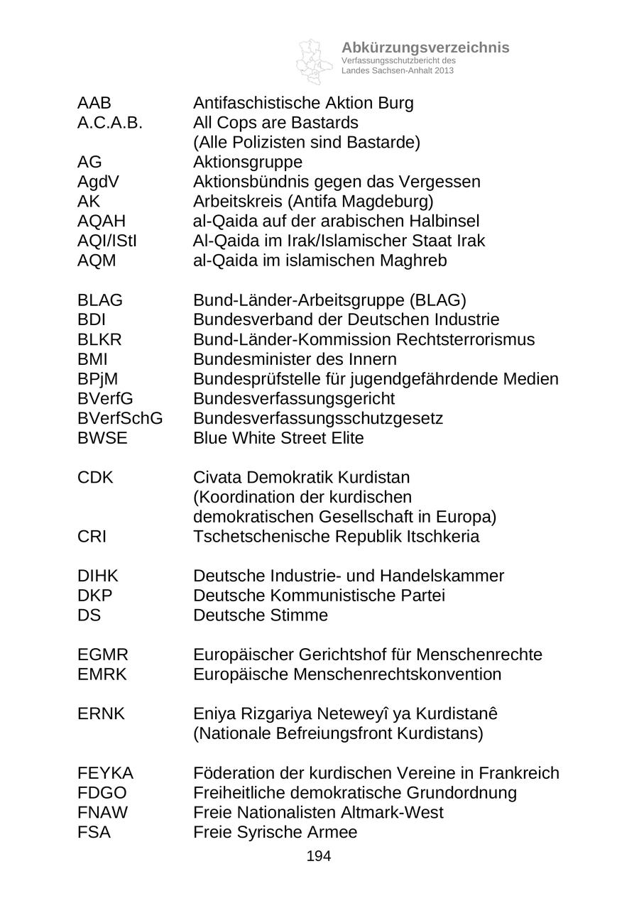 Abkürzungsverzeichnis Verfassungsschutzbericht des Landes Sachsen-Anhalt 2013 AAB Antifaschistische Aktion Burg A.C.A.B. All Cops are Bastards (Alle Polizisten sind Bastarde) AG Aktionsgruppe AgdV Aktionsbündnis gegen das Vergessen AK Arbeitskreis (Antifa Magdeburg) AQAH al-Qaida auf der arabischen Halbinsel AQI/IStI Al-Qaida im Irak/Islamischer Staat Irak AQM al-Qaida im islamischen Maghreb BLAG Bund-Länder-Arbeitsgruppe (BLAG) BDI Bundesverband der Deutschen Industrie BLKR Bund-Länder-Kommission Rechtsterrorismus BMI Bundesminister des Innern BPjM Bundesprüfstelle für jugendgefährdende Medien BVerfG Bundesverfassungsgericht BVerfSchG Bundesverfassungsschutzgesetz BWSE Blue White Street Elite CDK Civata Demokratik Kurdistan (Koordination der kurdischen demokratischen Gesellschaft in Europa) CRI Tschetschenische Republik Itschkeria DIHK Deutsche Industrieund Handelskammer DKP Deutsche Kommunistische Partei DS Deutsche Stimme EGMR Europäischer Gerichtshof für Menschenrechte EMRK Europäische Menschenrechtskonvention ERNK Eniya Rizgariya Neteweyi ya Kurdistane (Nationale Befreiungsfront Kurdistans) FEYKA Föderation der kurdischen Vereine in Frankreich FDGO Freiheitliche demokratische Grundordnung FNAW Freie Nationalisten Altmark-West FSA Freie Syrische Armee 194