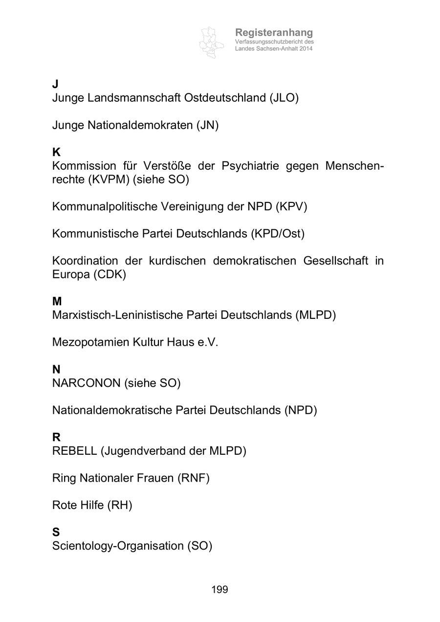Registeranhang Verfassungsschutzbericht des Landes Sachsen-Anhalt 2014 J Junge Landsmannschaft Ostdeutschland (JLO) Junge Nationaldemokraten (JN) K Kommission für Verstöße der Psychiatrie gegen Menschenrechte (KVPM) (siehe SO) Kommunalpolitische Vereinigung der NPD (KPV) Kommunistische Partei Deutschlands (KPD/Ost) Koordination der kurdischen demokratischen Gesellschaft in Europa (CDK) M Marxistisch-Leninistische Partei Deutschlands (MLPD) Mezopotamien Kultur Haus e.V. N NARCONON (siehe SO) Nationaldemokratische Partei Deutschlands (NPD) R REBELL (Jugendverband der MLPD) Ring Nationaler Frauen (RNF) Rote Hilfe (RH) S Scientology-Organisation (SO) 199