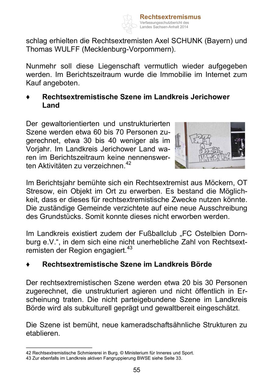 Rechtsextremismus Verfassungsschutzbericht des Landes Sachsen-Anhalt 2014 schlag erhielten die Rechtsextremisten Axel SCHUNK (Bayern) und Thomas WULFF (Mecklenburg-Vorpommern). Nunmehr soll diese Liegenschaft vermutlich wieder aufgegeben werden. Im Berichtszeitraum wurde die Immobilie im Internet zum Kauf angeboten. Rechtsextremistische Szene im Landkreis Jerichower Land Der gewaltorientierten und unstrukturierten Szene werden etwa 60 bis 70 Personen zugerechnet, etwa 30 bis 40 weniger als im Vorjahr. Im Landkreis Jerichower Land waren im Berichtszeitraum keine nennenswerten Aktivitäten zu verzeichnen.42 Im Berichtsjahr bemühte sich ein Rechtsextremist aus Möckern, OT Stresow, ein Objekt im Ort zu erwerben. Es bestand die Möglichkeit, dass er dieses für rechtsextremistische Zwecke nutzen könnte. Die zuständige Gemeinde verzichtete auf eine neue Ausschreibung des Grundstücks. Somit konnte dieses nicht erworben werden. Im Landkreis existiert zudem der Fußballclub "FC Ostelbien Dornburg e.V.", in dem sich eine nicht unerhebliche Zahl von Rechtsextremisten der Region engagiert.43 Rechtsextremistische Szene im Landkreis Börde Der rechtsextremistischen Szene werden etwa 20 bis 30 Personen zugerechnet, die unstrukturiert agieren und nicht öffentlich in Erscheinung traten. Die nicht parteigebundene Szene im Landkreis Börde wird als subkulturell geprägt und gewaltbereit eingeschätzt. Die Szene ist bemüht, neue kameradschaftsähnliche Strukturen zu etablieren. 42 Rechtsextremistische Schmiererei in Burg. (c) Ministerium für Inneres und Sport. 43 Zur ebenfalls im Landkreis aktiven Fangruppierung BWSE siehe Seite 33. 55