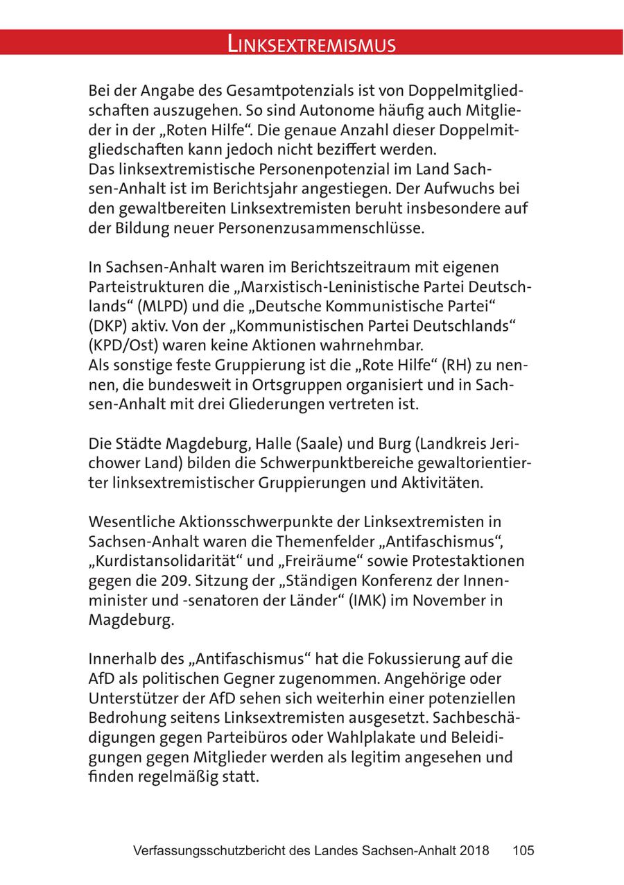 Linksextremismus Bei der Angabe des Gesamtpotenzials ist von Doppelmitgliedschaften auszugehen. So sind Autonome häufig auch Mitglieder in der "Roten Hilfe". Die genaue Anzahl dieser Doppelmitgliedschaften kann jedoch nicht beziffert werden. Das linksextremistische Personenpotenzial im Land Sachsen-Anhalt ist im Berichtsjahr angestiegen. Der Aufwuchs bei den gewaltbereiten Linksextremisten beruht insbesondere auf der Bildung neuer Personenzusammenschlüsse. In Sachsen-Anhalt waren im Berichtszeitraum mit eigenen Parteistrukturen die "Marxistisch-Leninistische Partei Deutschlands" (MLPD) und die "Deutsche Kommunistische Partei" (DKP) aktiv. Von der "Kommunistischen Partei Deutschlands" (KPD/Ost) waren keine Aktionen wahrnehmbar. Als sonstige feste Gruppierung ist die "Rote Hilfe" (RH) zu nennen, die bundesweit in Ortsgruppen organisiert und in Sachsen-Anhalt mit drei Gliederungen vertreten ist. Die Städte Magdeburg, Halle (Saale) und Burg (Landkreis Jerichower Land) bilden die Schwerpunktbereiche gewaltorientierter linksextremistischer Gruppierungen und Aktivitäten. Wesentliche Aktionsschwerpunkte der Linksextremisten in Sachsen-Anhalt waren die Themenfelder "Antifaschismus", "Kurdistansolidarität" und "Freiräume" sowie Protestaktionen gegen die 209. Sitzung der "Ständigen Konferenz der Innenminister und -senatoren der Länder" (IMK) im November in Magdeburg. Innerhalb des "Antifaschismus" hat die Fokussierung auf die AfD als politischen Gegner zugenommen. Angehörige oder Unterstützer der AfD sehen sich weiterhin einer potenziellen Bedrohung seitens Linksextremisten ausgesetzt. Sachbeschädigungen gegen Parteibüros oder Wahlplakate und Beleidigungen gegen Mitglieder werden als legitim angesehen und finden regelmäßig statt. Verfassungsschutzbericht des Landes Sachsen-Anhalt 2018 105