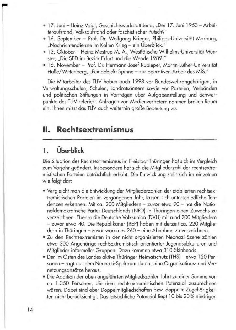 * 17. Juni - Heinz Voigt, Geschichtswerkstatt Jena, "Der 17. Juni 1 953 - Arbeiteraufstand, Volksaufstand oder faschistischer Putsch?" * 16. September - Prof. Dr. Wolfgang Krieger, Philipps-Universität Marburg, "Nachrichtendienste im Kalten Krieg - ein Überblick." * 1 3. Oktober - Heinz Mestrup M. A., Westfälische Wilhelms-Universität Münster, "Die SED im Bezirk Erfurt und die Wende 1989." * 16. NovemberProf. Dr. Hermann-Josef Rupieper, Martin-Luther-Universität Halle/Wittenberg, "Feindobjekt Spinne - zur operativen Arbeit des MfS." Die Mitarbeiter des TLfV haben auch 1 998 vor Bundeswehrangehörigen, in Verwaltungsschulen, Schulen, Landratsämtern sowie vor Parteien, Verbänden und politischen Stiftungen in Vorträgen über Aufgabenstellung und Schwerpunkte des TLfV referiert. Anfragen von Medienvertretern nahmen breiten Raum ein, ihnen misst das TLfV auch weiterhin große Bedeutung zu. II. Rechtsextremismus 1. Überblick Die Situation des Rechtsextremismus im Freistaat Thüringen hat sich im Vergleich zum Vorjahr geändert. Insbesondere hat sich die Mitgliederzahl der rechtsextremistischen Parteien beträchtlich erhöht. Die Entwicklung stellt sich im einzelnen wie folgt dar: * Vergleicht man die Entwicklung der Mitgliederzahlen der etablierten rechtsextremistischen Parteien im vergangenen Jahr, lassen sich unterschiedliche Tendenzen erkennen. Mit ca. 200 Mitgliedern - zuvor etwa 90 - hat die Nationaldemokratische Partei Deutschlands (NPD) in Thüringen einen Zuwachs zu verzeichnen. Ebenso die Deutsche Volksunion (DVU) mit rund 200 Mitgliedern - zuvor etwa 40. Die Republikaner (REP) haben mit derzeit ca. 220 Mitgliedern in Thüringen - zuvor waren es 260 - eine Abnahme zu verzeichnen. * Zu den Rechtsextremisten in der nicht organisierten Neonazi-Szene zählen etwa 300 Angehörige rechtsextremistisch orientierter Jugendsubkulturen und Mitglieder informeller Gruppen. Dazu kommen etwa 310 Skinheads. * Der im Osten des Landes aktive Thüringer Heimatschutz (THS) - etwa 120 Personen - ragt aus dem Neonazi-Spektrum durch seine Organisationsund Vernetzungsansätze heraus. * Die Addition der oben angeführten Mitgliedszahlen führt zu einer Summe von ca 1.350 Personen, die dem rechtsextremistischen Potenzial zuzurechnen wären. Dabei sind aber Doppelmitgliedschaften bzw. doppelte Zugehörigkeiten nicht berücksichtigt. Das tatsächliche Potenzial liegt 10 bis 20% niedriger. 14