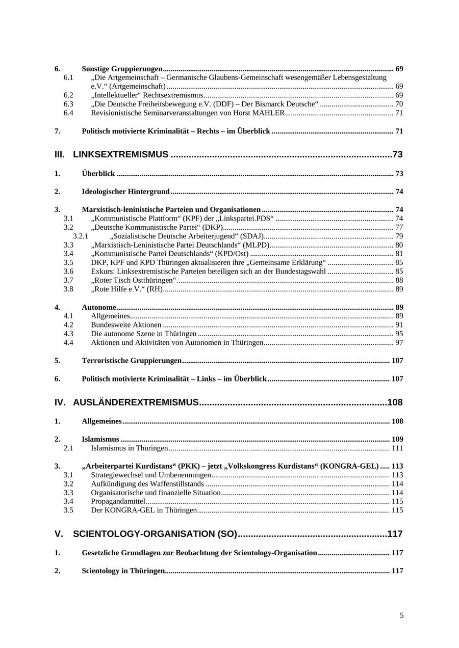 6. Sonstige Gruppierungen....................................................................................................................... 69 6.1 "Die Artgemeinschaft - Germanische Glaubens-Gemeinschaft wesengemäßer Lebensgestaltung e.V." (Artgemeinschaft) ..................................................................................................................... 69 6.2 "Intellektueller" Rechtsextremismus.................................................................................................. 69 6.3 "Die Deutsche Freiheitsbewegung e.V. (DDF) - Der Bismarck Deutsche" ...................................... 70 6.4 Revisionistische Seminarveranstaltungen von Horst MAHLER........................................................ 71 7. Politisch motivierte Kriminalität - Rechts - im Überblick ............................................................... 71 III. LINKSEXTREMISMUS ......................................................................................73 1. Überblick ............................................................................................................................................... 73 2. Ideologischer Hintergrund ................................................................................................................... 74 3. Marxistisch-leninistische Parteien und Organisationen .................................................................... 74 3.1 "Kommunistische Plattform" (KPF) der "Linkspartei.PDS" ............................................................. 74 3.2 "Deutsche Kommunistische Partei" (DKP)........................................................................................ 77 3.2.1 "Sozialistische Deutsche Arbeiterjugend" (SDAJ)................................................................... 79 3.3 "Marxistisch-Leninistische Partei Deutschlands" (MLPD)................................................................ 80 3.4 "Kommunistische Partei Deutschlands" (KPD/Ost) .......................................................................... 81 3.5 DKP, KPF und KPD Thüringen aktualisieren ihre "Gemeinsame Erklärung" .................................. 85 3.6 Exkurs: Linksextremistische Parteien beteiligen sich an der Bundestagswahl .................................. 85 3.7 "Roter Tisch Ostthüringen"................................................................................................................ 88 3.8 "Rote Hilfe e.V." (RH)....................................................................................................................... 89 4. Autonome............................................................................................................................................... 89 4.1 Allgemeines........................................................................................................................................ 89 4.2 Bundesweite Aktionen ....................................................................................................................... 91 4.3 Die autonome Szene in Thüringen ..................................................................................................... 95 4.4 Aktionen und Aktivitäten von Autonomen in Thüringen................................................................... 97 5. Terroristische Gruppierungen........................................................................................................... 107 6. Politisch motivierte Kriminalität - Links - im Überblick ............................................................... 107 IV. AUSLÄNDEREXTREMISMUS.........................................................................108 1. Allgemeines.......................................................................................................................................... 108 2. Islamismus ........................................................................................................................................... 109 2.1 Islamismus in Thüringen.................................................................................................................. 111 3. "Arbeiterpartei Kurdistans" (PKK) - jetzt "Volkskongress Kurdistans" (KONGRA-GEL) ..... 113 3.1 Strategiewechsel und Umbenennungen............................................................................................ 113 3.2 Aufkündigung des Waffenstillstands ............................................................................................... 114 3.3 Organisatorische und finanzielle Situation....................................................................................... 114 3.4 Propagandamittel.............................................................................................................................. 115 3.5 Der KONGRA-GEL in Thüringen ................................................................................................... 115 V. SCIENTOLOGY-ORGANISATION (SO)..........................................................117 1. Gesetzliche Grundlagen zur Beobachtung der Scientology-Organisation ..................................... 117 2. Scientology in Thüringen.................................................................................................................... 117 5