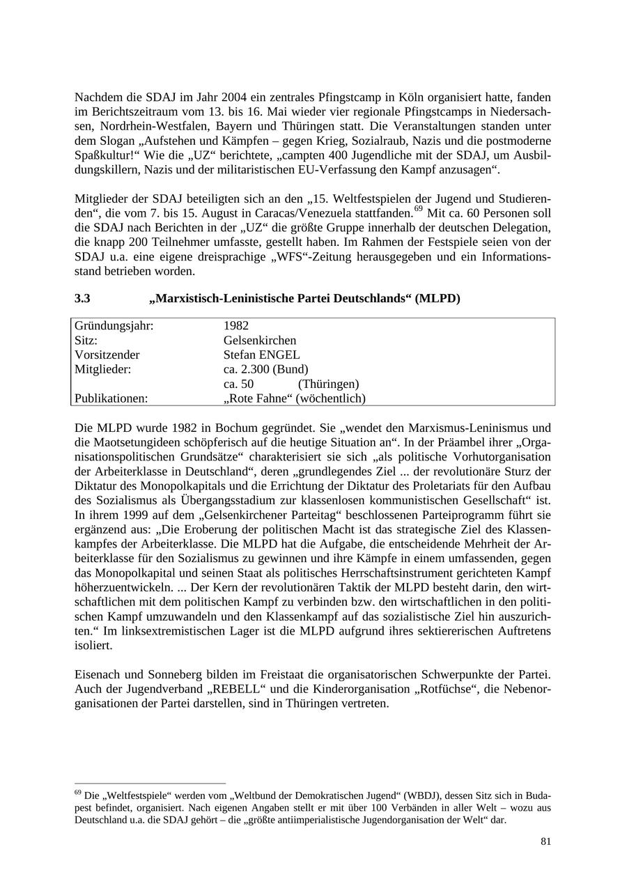 Nachdem die SDAJ im Jahr 2004 ein zentrales Pfingstcamp in Köln organisiert hatte, fanden im Berichtszeitraum vom 13. bis 16. Mai wieder vier regionale Pfingstcamps in Niedersachsen, Nordrhein-Westfalen, Bayern und Thüringen statt. Die Veranstaltungen standen unter dem Slogan "Aufstehen und Kämpfen - gegen Krieg, Sozialraub, Nazis und die postmoderne Spaßkultur!" Wie die "UZ" berichtete, "campten 400 Jugendliche mit der SDAJ, um Ausbildungskillern, Nazis und der militaristischen EU-Verfassung den Kampf anzusagen". Mitglieder der SDAJ beteiligten sich an den "15. Weltfestspielen der Jugend und Studierenden", die vom 7. bis 15. August in Caracas/Venezuela stattfanden. 69 Mit ca. 60 Personen soll die SDAJ nach Berichten in der "UZ" die größte Gruppe innerhalb der deutschen Delegation, die knapp 200 Teilnehmer umfasste, gestellt haben. Im Rahmen der Festspiele seien von der SDAJ u.a. eine eigene dreisprachige "WFS"-Zeitung herausgegeben und ein Informationsstand betrieben worden. 3.3 "Marxistisch-Leninistische Partei Deutschlands" (MLPD) Gründungsjahr: 1982 Sitz: Gelsenkirchen Vorsitzender Stefan ENGEL Mitglieder: ca. 2.300 (Bund) ca. 50 (Thüringen) Publikationen: "Rote Fahne" (wöchentlich) Die MLPD wurde 1982 in Bochum gegründet. Sie "wendet den Marxismus-Leninismus und die Maotsetungideen schöpferisch auf die heutige Situation an". In der Präambel ihrer "Organisationspolitischen Grundsätze" charakterisiert sie sich "als politische Vorhutorganisation der Arbeiterklasse in Deutschland", deren "grundlegendes Ziel ... der revolutionäre Sturz der Diktatur des Monopolkapitals und die Errichtung der Diktatur des Proletariats für den Aufbau des Sozialismus als Übergangsstadium zur klassenlosen kommunistischen Gesellschaft" ist. In ihrem 1999 auf dem "Gelsenkirchener Parteitag" beschlossenen Parteiprogramm führt sie ergänzend aus: "Die Eroberung der politischen Macht ist das strategische Ziel des Klassenkampfes der Arbeiterklasse. Die MLPD hat die Aufgabe, die entscheidende Mehrheit der Arbeiterklasse für den Sozialismus zu gewinnen und ihre Kämpfe in einem umfassenden, gegen das Monopolkapital und seinen Staat als politisches Herrschaftsinstrument gerichteten Kampf höherzuentwickeln. ... Der Kern der revolutionären Taktik der MLPD besteht darin, den wirtschaftlichen mit dem politischen Kampf zu verbinden bzw. den wirtschaftlichen in den politischen Kampf umzuwandeln und den Klassenkampf auf das sozialistische Ziel hin auszurichten." Im linksextremistischen Lager ist die MLPD aufgrund ihres sektiererischen Auftretens isoliert. Eisenach und Sonneberg bilden im Freistaat die organisatorischen Schwerpunkte der Partei. Auch der Jugendverband "REBELL" und die Kinderorganisation "Rotfüchse", die Nebenorganisationen der Partei darstellen, sind in Thüringen vertreten. 69 Die "Weltfestspiele" werden vom "Weltbund der Demokratischen Jugend" (WBDJ), dessen Sitz sich in Budapest befindet, organisiert. Nach eigenen Angaben stellt er mit über 100 Verbänden in aller Welt - wozu aus Deutschland u.a. die SDAJ gehört - die "größte antiimperialistische Jugendorganisation der Welt" dar. 81