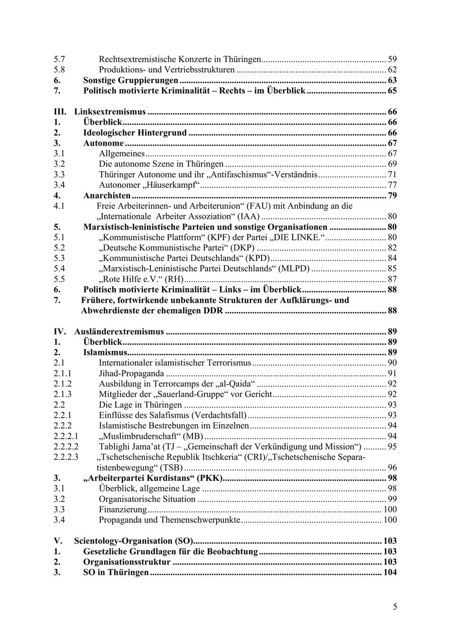 5.7 Rechtsextremistische Konzerte in Thüringen....................................................... 59 5.8 Produktionsund Vertriebsstrukturen .................................................................. 62 6. Sonstige Gruppierungen ........................................................................................... 63 7. Politisch motivierte Kriminalität - Rechts - im Überblick ................................... 65 III. Linksextremismus ......................................................................................................... 66 1. Überblick.................................................................................................................... 66 2. Ideologischer Hintergrund ....................................................................................... 66 3. Autonome ................................................................................................................... 67 3.1 Allgemeines.......................................................................................................... 67 3.2 Die autonome Szene in Thüringen ....................................................................... 69 3.3 Thüringer Autonome und ihr "Antifaschismus"-Verständnis.............................. 71 3.4 Autonomer "Häuserkampf".................................................................................. 77 4. Anarchisten ................................................................................................................ 79 4.1 Freie Arbeiterinnenund Arbeiterunion" (FAU) mit Anbindung an die "Internationale Arbeiter Assoziation" (IAA) ....................................................... 80 5. Marxistisch-leninistische Parteien und sonstige Organisationen ......................... 80 5.1 "Kommunistische Plattform" (KPF) der Partei "DIE LINKE."........................... 80 5.2 "Deutsche Kommunistische Partei" (DKP) ......................................................... 82 5.3 "Kommunistische Partei Deutschlands" (KPD)................................................... 84 5.4 "Marxistisch-Leninistische Partei Deutschlands" (MLPD) ................................. 85 5.5 "Rote Hilfe e.V." (RH)......................................................................................... 87 6. Politisch motivierte Kriminalität - Links - im Überblick..................................... 88 7. Frühere, fortwirkende unbekannte Strukturen der Aufklärungsund Abwehrdienste der ehemaligen DDR ....................................................................... 88 IV. Ausländerextremismus ................................................................................................. 89 1. Überblick.................................................................................................................... 89 2. Islamismus.................................................................................................................. 89 2.1 Internationaler islamistischer Terrorismus ........................................................... 90 2.1.1 Jihad-Propaganda ................................................................................................. 91 2.1.2 Ausbildung in Terrorcamps der "al-Qaida" ......................................................... 92 2.1.3 Mitglieder der "Sauerland-Gruppe" vor Gericht.................................................. 92 2.2 Die Lage in Thüringen ......................................................................................... 93 2.2.1 Einflüsse des Salafismus (Verdachtsfall) ............................................................. 93 2.2.2 Islamistische Bestrebungen im Einzelnen............................................................ 94 2.2.2.1 "Muslimbruderschaft" (MB) ................................................................................ 94 2.2.2.2 Tablighi Jama'at (TJ - "Gemeinschaft der Verkündigung und Mission") .......... 95 2.2.2.3 "Tschetschenische Republik Itschkeria" (CRI)/"Tschetschenische Separatistenbewegung" (TSB) ......................................................................................... 96 3. "Arbeiterpartei Kurdistans" (PKK)........................................................................ 98 3.1 Überblick, allgemeine Lage ................................................................................. 98 3.2 Organisatorische Situation ................................................................................... 99 3.3 Finanzierung....................................................................................................... 100 3.4 Propaganda und Themenschwerpunkte.............................................................. 100 V. Scientology-Organisation (SO)................................................................................... 103 1. Gesetzliche Grundlagen für die Beobachtung ...................................................... 103 2. Organisationsstruktur ............................................................................................ 103 3. SO in Thüringen ...................................................................................................... 104 5