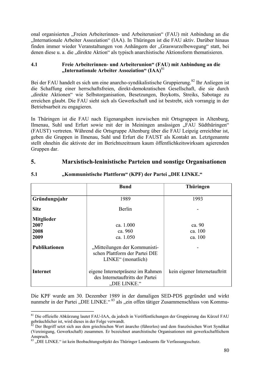 onal organisierten "Freien Arbeiterinnenund Arbeiterunion" (FAU) mit Anbindung an die "Internationale Arbeiter Assoziation" (IAA). In Thüringen ist die FAU aktiv. Darüber hinaus finden immer wieder Veranstaltungen von Anhängern der "Graswurzelbewegung" statt, bei denen diese u. a. die "direkte Aktion" als typisch anarchistische Aktionsform thematisieren. 4.1 Freie Arbeiterinnenund Arbeiterunion" (FAU) mit Anbindung an die "Internationale Arbeiter Assoziation" (IAA)81 Bei der FAU handelt es sich um eine anarcho-syndikalistische Gruppierung.82 Ihr Anliegen ist die Schaffung einer herrschaftsfreien, direkt-demokratischen Gesellschaft, die sie durch "direkte Aktionen" wie Selbstorganisation, Besetzungen, Boykotts, Streiks, Sabotage zu erreichen glaubt. Die FAU sieht sich als Gewerkschaft und ist bestrebt, sich vorrangig in der Betriebsarbeit zu engagieren. In Thüringen ist die FAU nach Eigenangaben inzwischen mit Ortsgruppen in Altenburg, Ilmenau, Suhl und Erfurt sowie mit der in Meiningen ansässigen "FAU Südthüringen" (FAUST) vertreten. Während die Ortsgruppe Altenburg über die FAU Leipzig erreichbar ist, geben die Gruppen in Ilmenau, Suhl und Erfurt die FAUST als Kontakt an. Letztgenannte stellt ohnehin die aktivste der im Berichtszeitraum kaum öffentlichkeitswirksam agierenden Gruppen dar. 5. Marxistisch-leninistische Parteien und sonstige Organisationen 5.1 "Kommunistische Plattform" (KPF) der Partei "DIE LINKE." Bund Thüringen Gründungsjahr 1989 1993 Sitz Berlin - Mitglieder 2007 ca. 1.000 ca. 90 2008 ca. 960 ca. 100 2009 ca. 1.050 ca. 100 Publikationen "Mitteilungen der Kommunisti- - schen Plattform der Partei DIE LINKE" (monatlich) Internet eigene Internetpräsenz im Rahmen kein eigener Internetauftritt des Internetauftritts der Partei "DIE LINKE." Die KPF wurde am 30. Dezember 1989 in der damaligen SED-PDS gegründet und wirkt nunmehr in der Partei "DIE LINKE." 83 als "ein offen tätiger Zusammenschluss von Kommu81 Die offizielle Abkürzung lautet FAU-IAA, da jedoch in Veröffentlichungen der Gruppierung das Kürzel FAU gebräuchlicher ist, wird dieses in der Folge verwandt. 82 Der Begriff setzt sich aus dem griechischen Wort anarcho (führerlos) und dem französischen Wort Syndikat (Vereinigung, Gewerkschaft) zusammen. Er bezeichnet anarchistische Organisationen mit gewerkschaftlichem Anspruch. 83 "DIE LINKE." ist kein Beobachtungsobjekt des Thüringer Landesamts für Verfassungsschutz. 80
