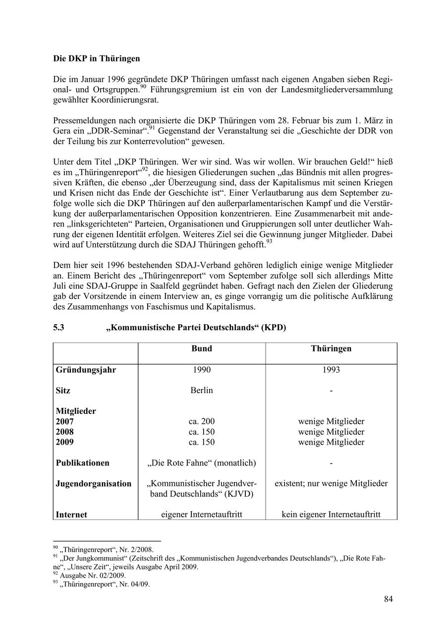 Die DKP in Thüringen Die im Januar 1996 gegründete DKP Thüringen umfasst nach eigenen Angaben sieben Regionalund Ortsgruppen.90 Führungsgremium ist ein von der Landesmitgliederversammlung gewählter Koordinierungsrat. Pressemeldungen nach organisierte die DKP Thüringen vom 28. Februar bis zum 1. März in Gera ein "DDR-Seminar".91 Gegenstand der Veranstaltung sei die "Geschichte der DDR von der Teilung bis zur Konterrevolution" gewesen. Unter dem Titel "DKP Thüringen. Wer wir sind. Was wir wollen. Wir brauchen Geld!" hieß es im "Thüringenreport"92, die hiesigen Gliederungen suchen "das Bündnis mit allen progressiven Kräften, die ebenso "der Überzeugung sind, dass der Kapitalismus mit seinen Kriegen und Krisen nicht das Ende der Geschichte ist". Einer Verlautbarung aus dem September zufolge wolle sich die DKP Thüringen auf den außerparlamentarischen Kampf und die Verstärkung der außerparlamentarischen Opposition konzentrieren. Eine Zusammenarbeit mit anderen "linksgerichteten" Parteien, Organisationen und Gruppierungen soll unter deutlicher Wahrung der eigenen Identität erfolgen. Weiteres Ziel sei die Gewinnung junger Mitglieder. Dabei wird auf Unterstützung durch die SDAJ Thüringen gehofft.93 Dem hier seit 1996 bestehenden SDAJ-Verband gehören lediglich einige wenige Mitglieder an. Einem Bericht des "Thüringenreport" vom September zufolge soll sich allerdings Mitte Juli eine SDAJ-Gruppe in Saalfeld gegründet haben. Gefragt nach den Zielen der Gliederung gab der Vorsitzende in einem Interview an, es ginge vorrangig um die politische Aufklärung des Zusammenhangs von Faschismus und Kapitalismus. 5.3 "Kommunistische Partei Deutschlands" (KPD) Bund Thüringen Gründungsjahr 1990 1993 Sitz Berlin - Mitglieder 2007 ca. 200 wenige Mitglieder 2008 ca. 150 wenige Mitglieder 2009 ca. 150 wenige Mitglieder Publikationen "Die Rote Fahne" (monatlich) - Jugendorganisation "Kommunistischer Jugendverexistent; nur wenige Mitglieder band Deutschlands" (KJVD) Internet eigener Internetauftritt kein eigener Internetauftritt 90 "Thüringenreport", Nr. 2/2008. 91 "Der Jungkommunist" (Zeitschrift des "Kommunistischen Jugendverbandes Deutschlands"), "Die Rote Fahne", "Unsere Zeit", jeweils Ausgabe April 2009. 92 Ausgabe Nr. 02/2009. 93 "Thüringenreport", Nr. 04/09. 84