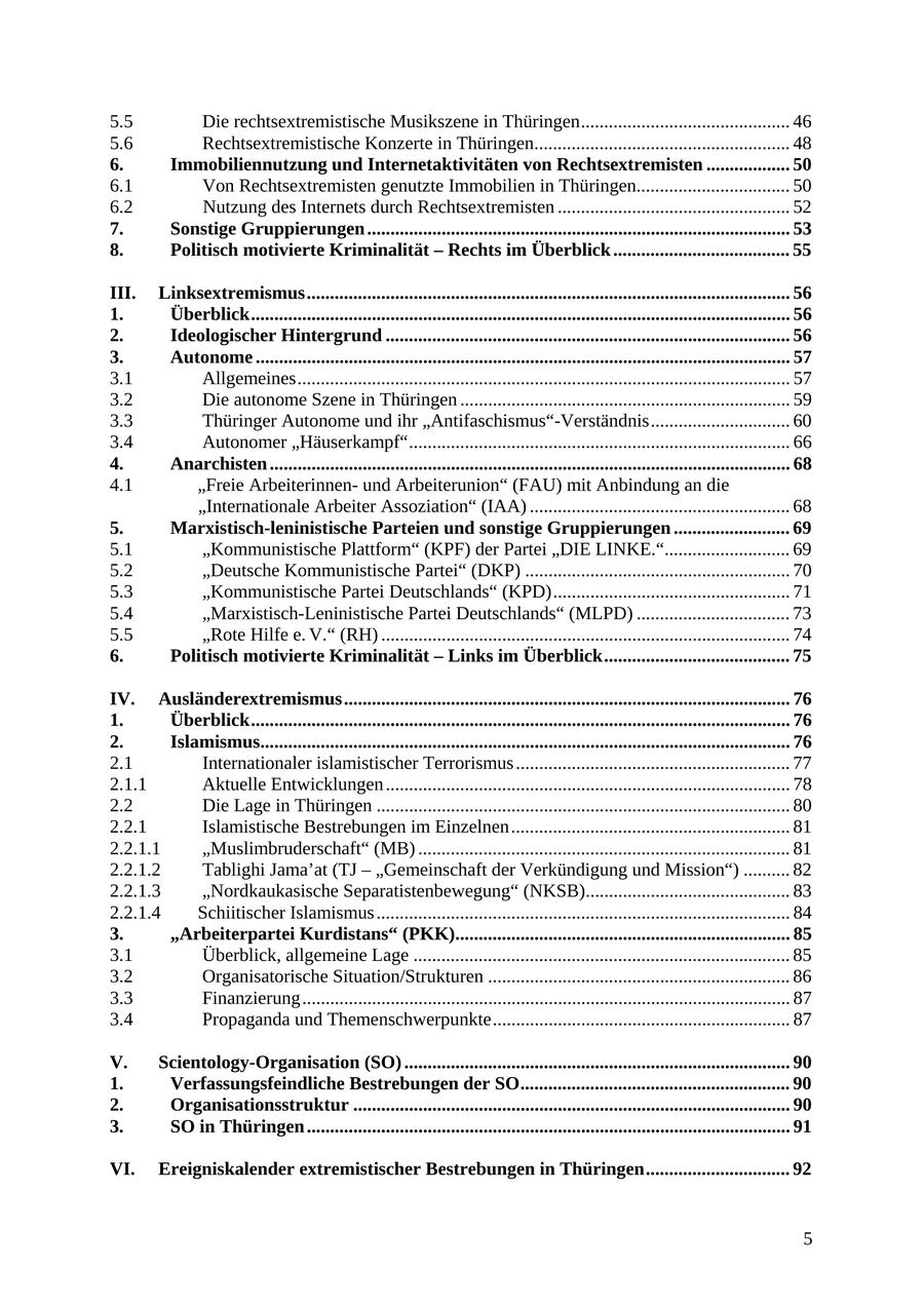 5.5 Die rechtsextremistische Musikszene in Thüringen............................................. 46 5.6 Rechtsextremistische Konzerte in Thüringen....................................................... 48 6. Immobiliennutzung und Internetaktivitäten von Rechtsextremisten .................. 50 6.1 Von Rechtsextremisten genutzte Immobilien in Thüringen................................. 50 6.2 Nutzung des Internets durch Rechtsextremisten .................................................. 52 7. Sonstige Gruppierungen ........................................................................................... 53 8. Politisch motivierte Kriminalität - Rechts im Überblick ...................................... 55 III. Linksextremismus........................................................................................................ 56 1. Überblick.................................................................................................................... 56 2. Ideologischer Hintergrund ....................................................................................... 56 3. Autonome ................................................................................................................... 57 3.1 Allgemeines.......................................................................................................... 57 3.2 Die autonome Szene in Thüringen ....................................................................... 59 3.3 Thüringer Autonome und ihr "Antifaschismus"-Verständnis.............................. 60 3.4 Autonomer "Häuserkampf".................................................................................. 66 4. Anarchisten ................................................................................................................ 68 4.1 "Freie Arbeiterinnenund Arbeiterunion" (FAU) mit Anbindung an die "Internationale Arbeiter Assoziation" (IAA) ........................................................ 68 5. Marxistisch-leninistische Parteien und sonstige Gruppierungen ......................... 69 5.1 "Kommunistische Plattform" (KPF) der Partei "DIE LINKE."........................... 69 5.2 "Deutsche Kommunistische Partei" (DKP) ......................................................... 70 5.3 "Kommunistische Partei Deutschlands" (KPD)................................................... 71 5.4 "Marxistisch-Leninistische Partei Deutschlands" (MLPD) ................................. 73 5.5 "Rote Hilfe e. V." (RH) ........................................................................................ 74 6. Politisch motivierte Kriminalität - Links im Überblick........................................ 75 IV. Ausländerextremismus................................................................................................ 76 1. Überblick.................................................................................................................... 76 2. Islamismus.................................................................................................................. 76 2.1 Internationaler islamistischer Terrorismus ........................................................... 77 2.1.1 Aktuelle Entwicklungen ....................................................................................... 78 2.2 Die Lage in Thüringen ......................................................................................... 80 2.2.1 Islamistische Bestrebungen im Einzelnen............................................................ 81 2.2.1.1 "Muslimbruderschaft" (MB) ................................................................................ 81 2.2.1.2 Tablighi Jama'at (TJ - "Gemeinschaft der Verkündigung und Mission") .......... 82 2.2.1.3 "Nordkaukasische Separatistenbewegung" (NKSB)............................................ 83 2.2.1.4 Schiitischer Islamismus ......................................................................................... 84 3. "Arbeiterpartei Kurdistans" (PKK)........................................................................ 85 3.1 Überblick, allgemeine Lage ................................................................................. 85 3.2 Organisatorische Situation/Strukturen ................................................................. 86 3.3 Finanzierung......................................................................................................... 87 3.4 Propaganda und Themenschwerpunkte................................................................ 87 V. Scientology-Organisation (SO) ................................................................................... 90 1. Verfassungsfeindliche Bestrebungen der SO.......................................................... 90 2. Organisationsstruktur .............................................................................................. 90 3. SO in Thüringen ........................................................................................................ 91 VI. Ereigniskalender extremistischer Bestrebungen in Thüringen............................... 92 5