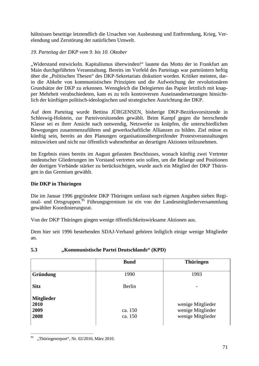 hältnissen beseitige letztendlich die Ursachen von Ausbeutung und Entfremdung, Krieg, Verelendung und Zerstörung der natürlichen Umwelt. 19. Parteitag der DKP vom 9. bis 10. Oktober "Widerstand entwickeln. Kapitalismus überwinden!" lautete das Motto der in Frankfurt am Main durchgeführten Veranstaltung. Bereits im Vorfeld des Parteitags war parteiintern heftig über die "Politischen Thesen" des DKP-Sekretariats diskutiert worden. Kritiker meinten, darin die Abkehr von kommunistischen Prinzipien und die Aufweichung der revolutionären Grundsätze der DKP zu erkennen. Wenngleich die Delegierten das Papier letztlich mit knapper Mehrheit verabschiedeten, kam es zu teils kontroversen Auseinandersetzungen hinsichtlich der künftigen politisch-ideologischen und strategischen Ausrichtung der DKP. Auf dem Parteitag wurde Bettina JÜRGENSEN, bisherige DKP-Bezirksvorsitzende in Schleswig-Holstein, zur Parteivorsitzenden gewählt. Beim Kampf gegen die herrschende Klasse sei es ihrer Ansicht nach notwendig, Netzwerke zu knüpfen, die unterschiedlichen Bewegungen zusammenzuführen und gewerkschaftliche Allianzen zu bilden. Ziel müsse es künftig sein, bereits an den Planungen organisationsübergreifender Protestveranstaltungen mitzuwirken und nicht nur öffentlich wahrnehmbar an derartigen Aktionen teilzunehmen. Im Ergebnis eines bereits im August gefassten Beschlusses, wonach künftig zwei Vertreter ostdeutscher Gliederungen im Vorstand vertreten sein sollen, um die Belange und Positionen der dortigen Verbände stärker zu berücksichtigen, wurde auch ein Mitglied der DKP Thüringen in das Gremium gewählt. Die DKP in Thüringen Die im Januar 1996 gegründete DKP Thüringen umfasst nach eigenen Angaben sieben Regionalund Ortsgruppen.95 Führungsgremium ist ein von der Landesmitgliederversammlung gewählter Koordinierungsrat. Von der DKP Thüringen gingen wenige öffentlichkeitswirksame Aktionen aus. Dem hier seit 1996 bestehenden SDAJ-Verband gehören lediglich einige wenige Mitglieder an. 5.3 "Kommunistische Partei Deutschlands" (KPD) Bund Thüringen Gründung 1990 1993 Sitz Berlin - Mitglieder 2010 wenige Mitglieder 2009 ca. 150 wenige Mitglieder 2008 ca. 150 wenige Mitglieder 95 "Thüringenreport", Nr. 02/2010, März 2010. 71