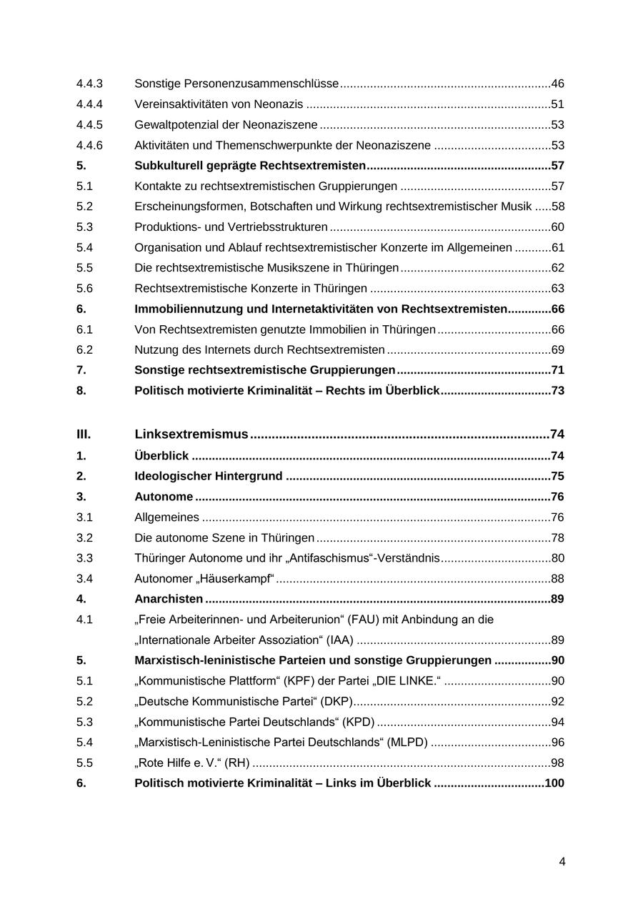 4.4.3 Sonstige Personenzusammenschlüsse ...............................................................46 4.4.4 Vereinsaktivitäten von Neonazis .........................................................................51 4.4.5 Gewaltpotenzial der Neonaziszene .....................................................................53 4.4.6 Aktivitäten und Themenschwerpunkte der Neonaziszene ...................................53 5. Subkulturell geprägte Rechtsextremisten .......................................................57 5.1 Kontakte zu rechtsextremistischen Gruppierungen .............................................57 5.2 Erscheinungsformen, Botschaften und Wirkung rechtsextremistischer Musik .....58 5.3 Produktionsund Vertriebsstrukturen ..................................................................60 5.4 Organisation und Ablauf rechtsextremistischer Konzerte im Allgemeinen ...........61 5.5 Die rechtsextremistische Musikszene in Thüringen .............................................62 5.6 Rechtsextremistische Konzerte in Thüringen ......................................................63 6. Immobiliennutzung und Internetaktivitäten von Rechtsextremisten.............66 6.1 Von Rechtsextremisten genutzte Immobilien in Thüringen ..................................66 6.2 Nutzung des Internets durch Rechtsextremisten .................................................69 7. Sonstige rechtsextremistische Gruppierungen ..............................................71 8. Politisch motivierte Kriminalität - Rechts im Überblick .................................73 III. Linksextremismus ...................................................................................74 1. Überblick ...........................................................................................................74 2. Ideologischer Hintergrund ...............................................................................75 3. Autonome ..........................................................................................................76 3.1 Allgemeines ........................................................................................................76 3.2 Die autonome Szene in Thüringen ......................................................................78 3.3 Thüringer Autonome und ihr "Antifaschismus"-Verständnis .................................80 3.4 Autonomer "Häuserkampf" ..................................................................................88 4. Anarchisten .......................................................................................................89 4.1 "Freie Arbeiterinnenund Arbeiterunion" (FAU) mit Anbindung an die "Internationale Arbeiter Assoziation" (IAA) ..........................................................89 5. Marxistisch-leninistische Parteien und sonstige Gruppierungen .................90 5.1 "Kommunistische Plattform" (KPF) der Partei "DIE LINKE." ................................90 5.2 "Deutsche Kommunistische Partei" (DKP) ...........................................................92 5.3 "Kommunistische Partei Deutschlands" (KPD) ....................................................94 5.4 "Marxistisch-Leninistische Partei Deutschlands" (MLPD) ....................................96 5.5 "Rote Hilfe e. V." (RH) .........................................................................................98 6. Politisch motivierte Kriminalität - Links im Überblick .................................100 4