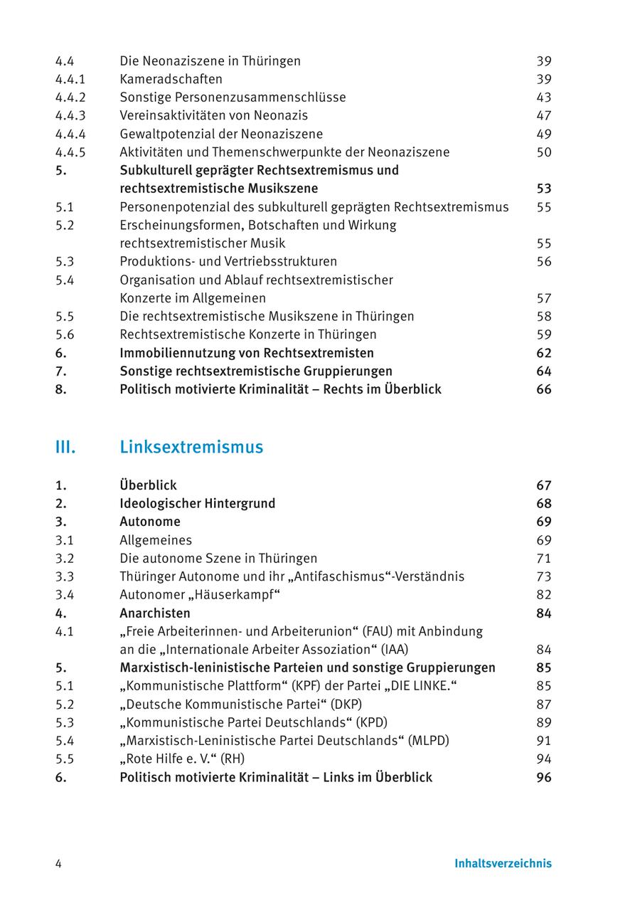 4.4 Die Neonaziszene in Thüringen 39 4.4.1 Kameradschaften 39 4.4.2 Sonstige Personenzusammenschlüsse 43 4.4.3 Vereinsaktivitäten von Neonazis 47 4.4.4 Gewaltpotenzial der Neonaziszene 49 4.4.5 Aktivitäten und Themenschwerpunkte der Neonaziszene 50 5. Subkulturell geprägter Rechtsextremismus und rechtsextremistische Musikszene 53 5.1 Personenpotenzial des subkulturell geprägten Rechtsextremismus 55 5.2 Erscheinungsformen, Botschaften und Wirkung rechtsextremistischer Musik 55 5.3 Produktionsund Vertriebsstrukturen 56 5.4 Organisation und Ablauf rechtsextremistischer Konzerte im Allgemeinen 57 5.5 Die rechtsextremistische Musikszene in Thüringen 58 5.6 Rechtsextremistische Konzerte in Thüringen 59 6. Immobiliennutzung von Rechtsextremisten 62 7. Sonstige rechtsextremistische Gruppierungen 64 8. Politisch motivierte Kriminalität - Rechts im Überblick 66 III. Linksextremismus 1. Überblick 67 2. Ideologischer Hintergrund 68 3. Autonome 69 3.1 Allgemeines 69 3.2 Die autonome Szene in Thüringen 71 3.3 Thüringer Autonome und ihr "Antifaschismus"-Verständnis 73 3.4 Autonomer "Häuserkampf" 82 4. Anarchisten 84 4.1 "Freie Arbeiterinnenund Arbeiterunion" (FAU) mit Anbindung an die "Internationale Arbeiter Assoziation" (IAA) 84 5. Marxistisch-leninistische Parteien und sonstige Gruppierungen 85 5.1 "Kommunistische Plattform" (KPF) der Partei "DIE LINKE." 85 5.2 "Deutsche Kommunistische Partei" (DKP) 87 5.3 "Kommunistische Partei Deutschlands" (KPD) 89 5.4 "Marxistisch-Leninistische Partei Deutschlands" (MLPD) 91 5.5 "Rote Hilfe e. V." (RH) 94 6. Politisch motivierte Kriminalität - Links im Überblick 96 4 Inhaltsverzeichnis